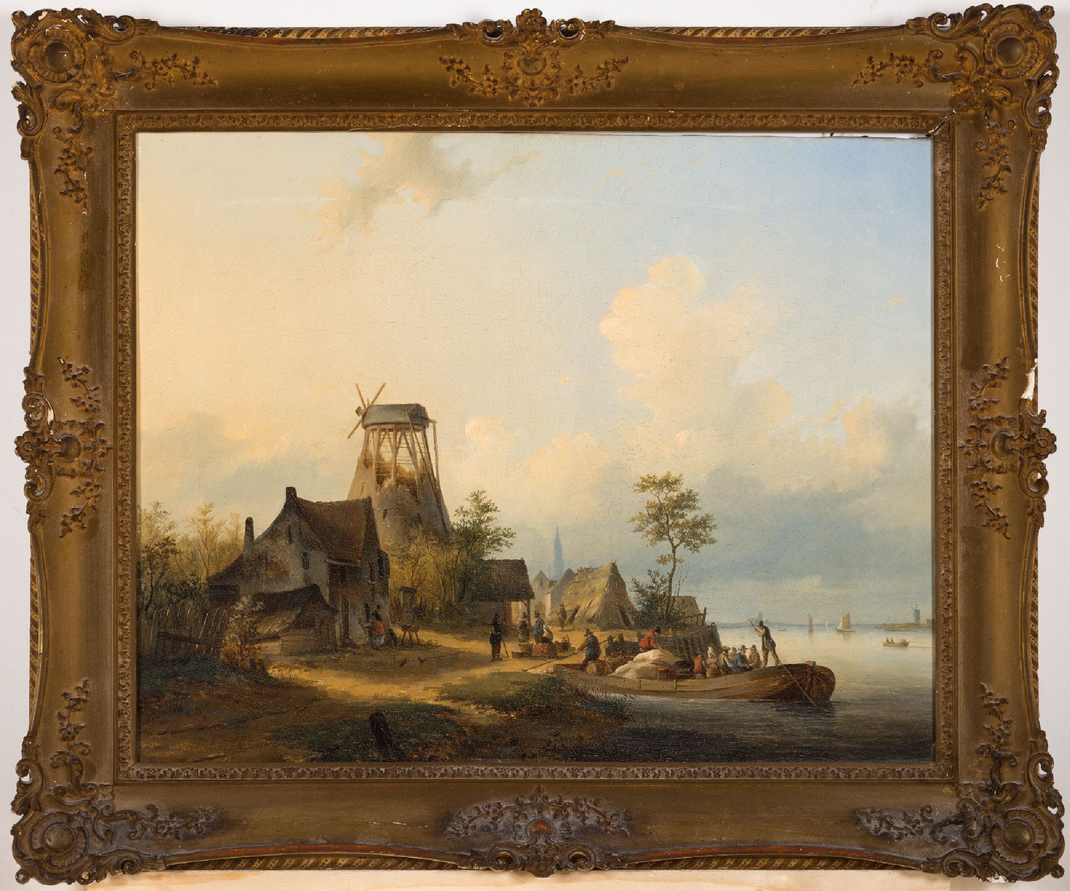 Louis Smets, belgischer Künstler, aktiv um 1852 - 1868, niederländische Küstenlandschaft mit Mühle und reicher Personenstaffage, im Vordergund ...