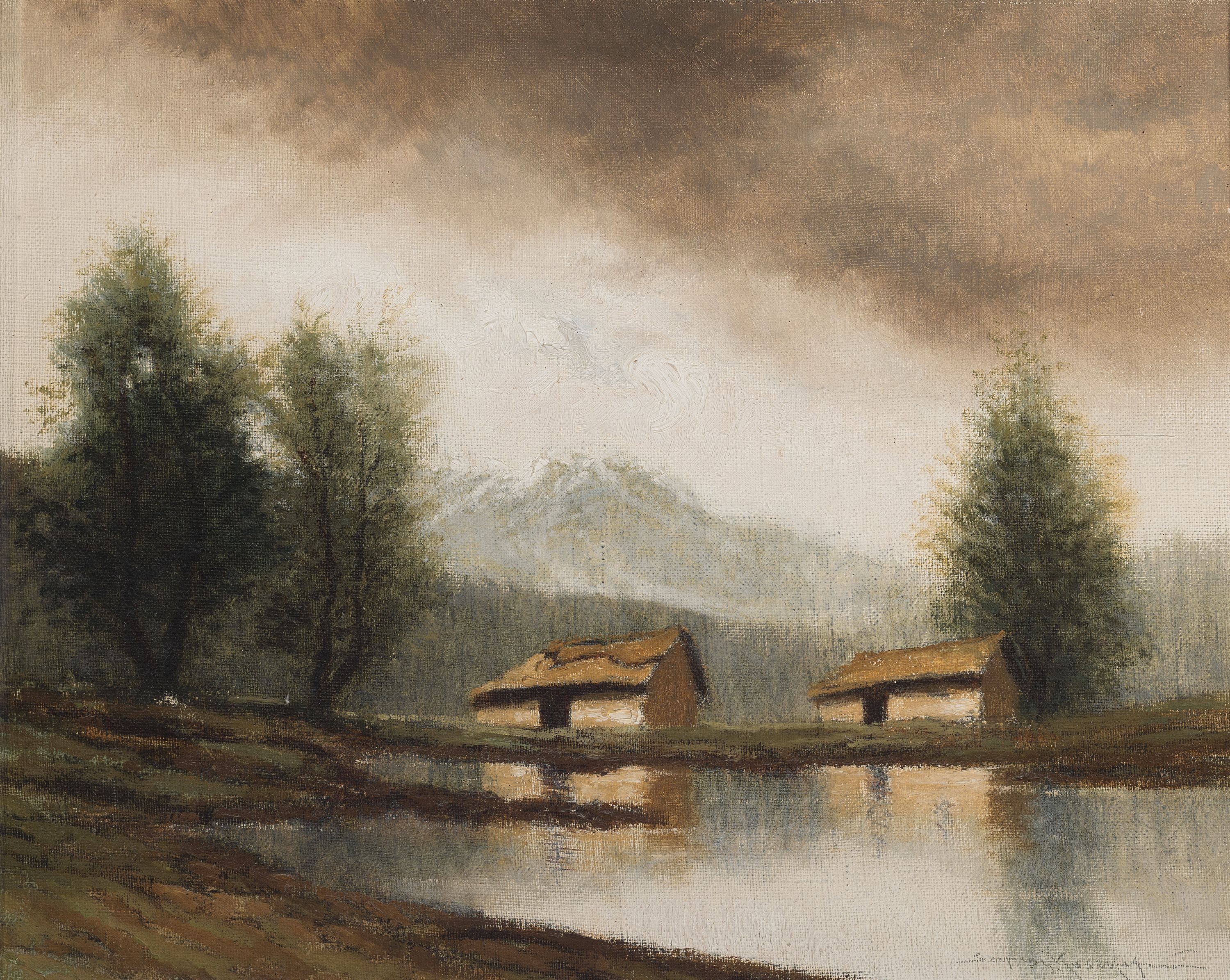 Jenö Szepesi Kuszka, 1885-1948, Winterlandschaft mit Hütten am See, Öl/Lwd, rechts unten signiert, impressionistische Malweise, gelungene ...