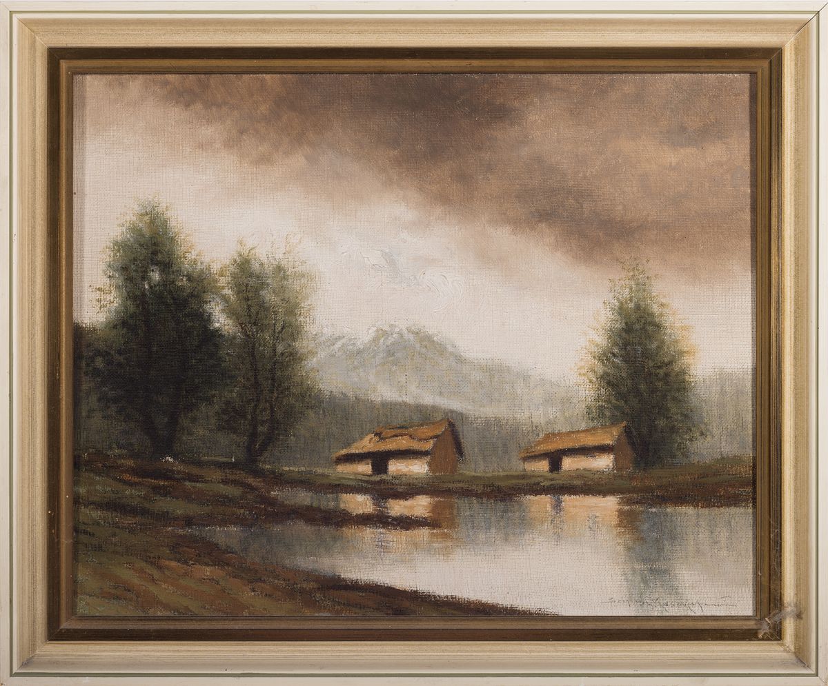Detail k: Jenö Szepesi Kuszka, 1885-1948, Winterlandschaft mit Hütten am See, Öl/Lwd, rechts unten signiert, impressionistische Malweise, gelungene ...
