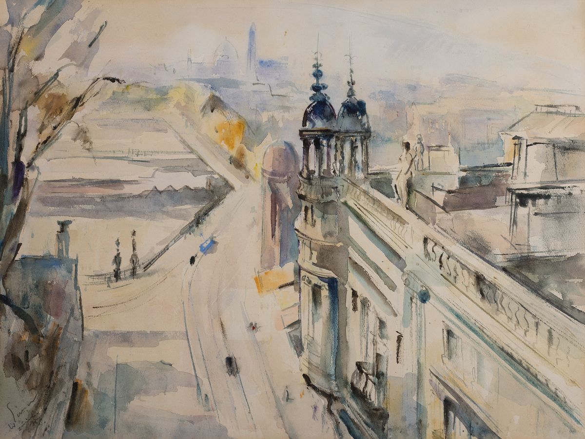 Walter Eimer, 1899 Ladenburg-1983 Heidelberg, Blick auf Zürich am Bellevue, auf dem Rahmen bez.: 1963 Zürich über der Rämistraße, Aquarell auf ...