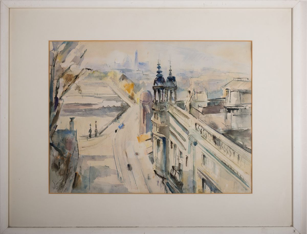 Detail k: Walter Eimer, 1899 Ladenburg-1983 Heidelberg, Blick auf Zürich am Bellevue, auf dem Rahmen bez.: 1963 Zürich über der Rämistraße, Aquarell auf ...