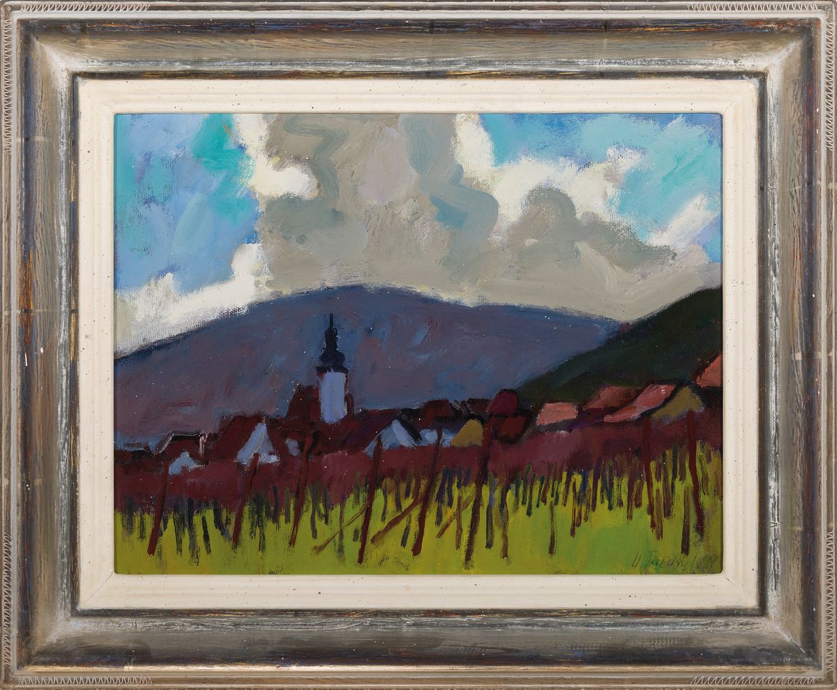 Detail l: Heinz Friedrich, 1924-2018 Schwetzingen, Studium an der Akademie Karlsruhe bei Laible und Schnarrenberger, hier: 2 Ölgemälde, 1) Blick auf Weyher, ...