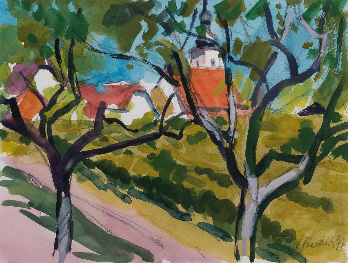 Detail b: Heinz Friedrich, 1924-2018 Schwetzingen, Studium an der Akademie Karlsruhe bei Laible und Schnarrenberger, hier: drei Aquarelle mit Landschaften, ...