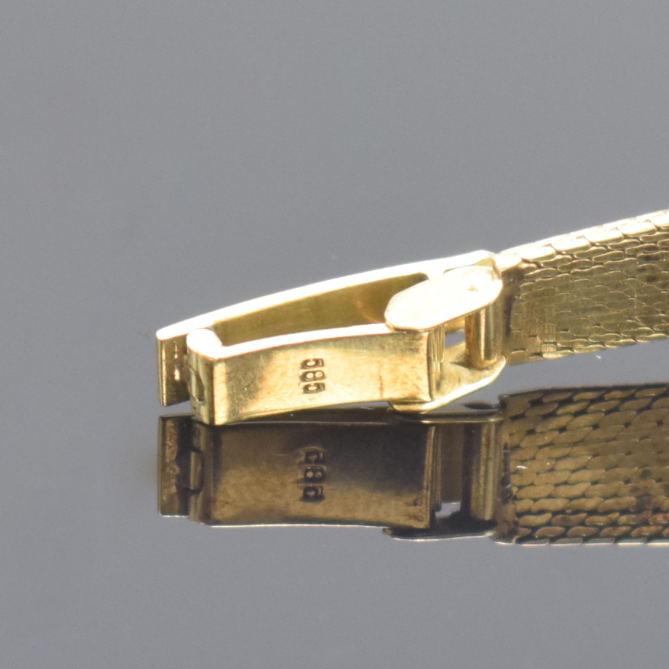 Detail b: ANKER Damenarmbanduhr in GG 585/000, Deutschland um 1960, Handaufzug, 2-teil. Geh., Boden aufgedr., Milanaiseband, silb. Zifferbl., gold. Zeiger, ...