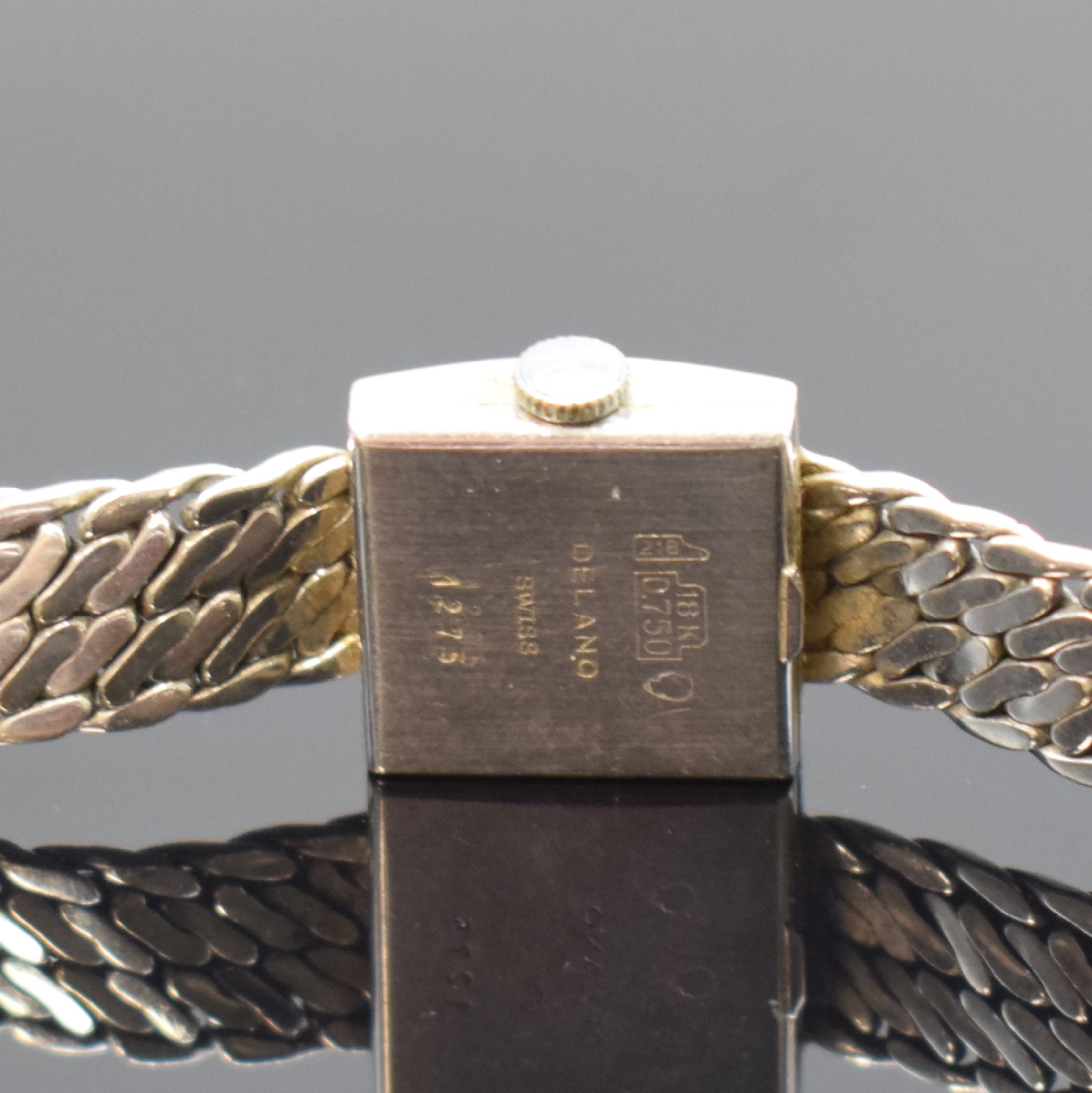 Detail c: DELANO Damenarmbanduhr in WG 750/000, Schweiz um 1960, Handaufzug, gedr. Gehäuse, Kettenglieder-Band, silb. Zifferbl. m. aufges. Std.-Ind., silb. ...