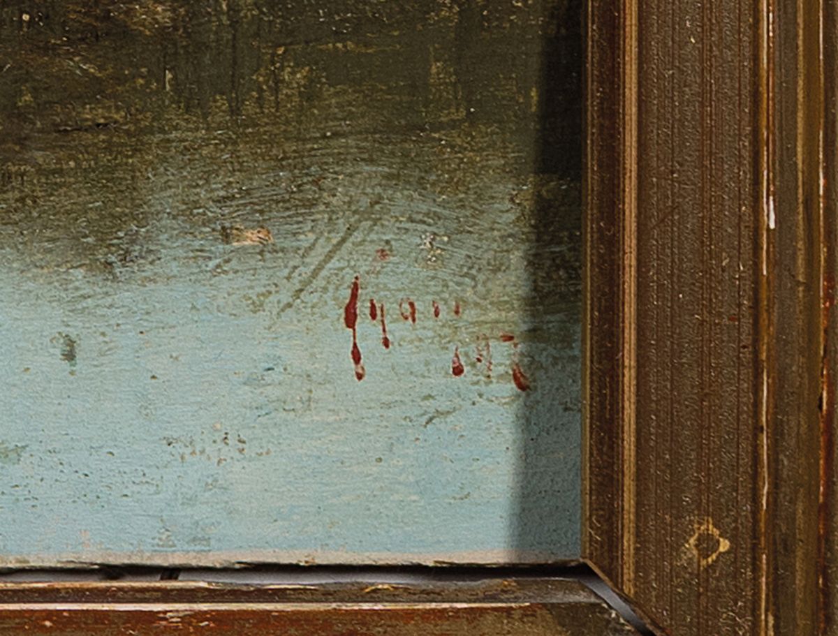 Detail a: Emilio Alvarez Ayom, südliche Flußlandschaft, Öl/Holz, signiert, ca. 23 x 47 cm, Prunkrahmen l. best., ca. 47 x 70 cm