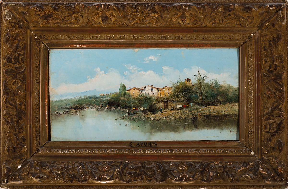 Detail k: Emilio Alvarez Ayom, südliche Flußlandschaft, Öl/Holz, signiert, ca. 23 x 47 cm, Prunkrahmen l. best., ca. 47 x 70 cm