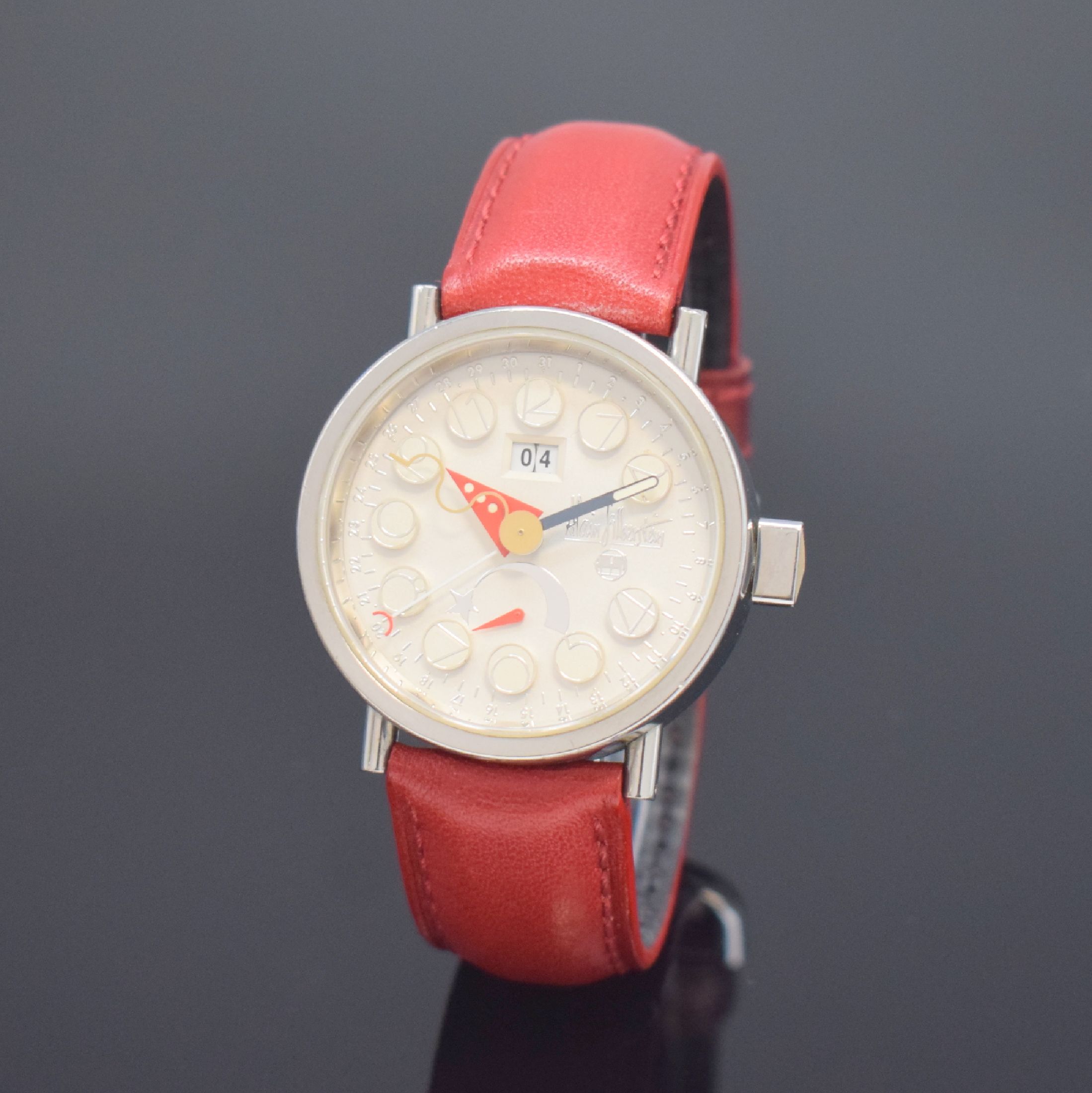 ALAIN SILBERSTEIN Hebdo auf 500 Stück limitierte Herrenarmbanduhr mit Kalenderwoche in Stahl, Schweiz um 1996, Automatik, beids. vergl. u. verschr. ...