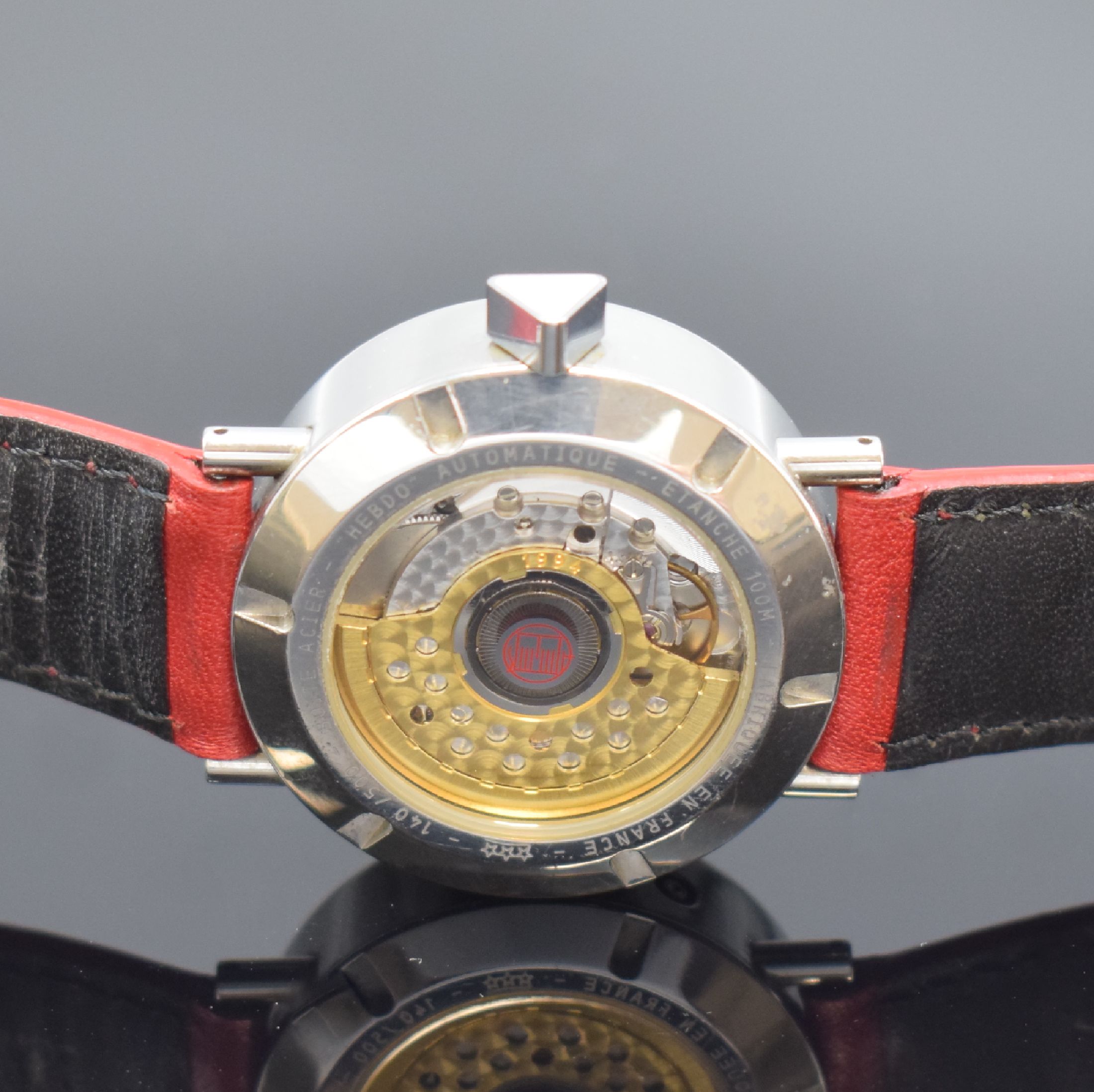 Detail d: ALAIN SILBERSTEIN Hebdo auf 500 Stück limitierte Herrenarmbanduhr mit Kalenderwoche in Stahl, Schweiz um 1996, Automatik, beids. vergl. u. verschr. ...
