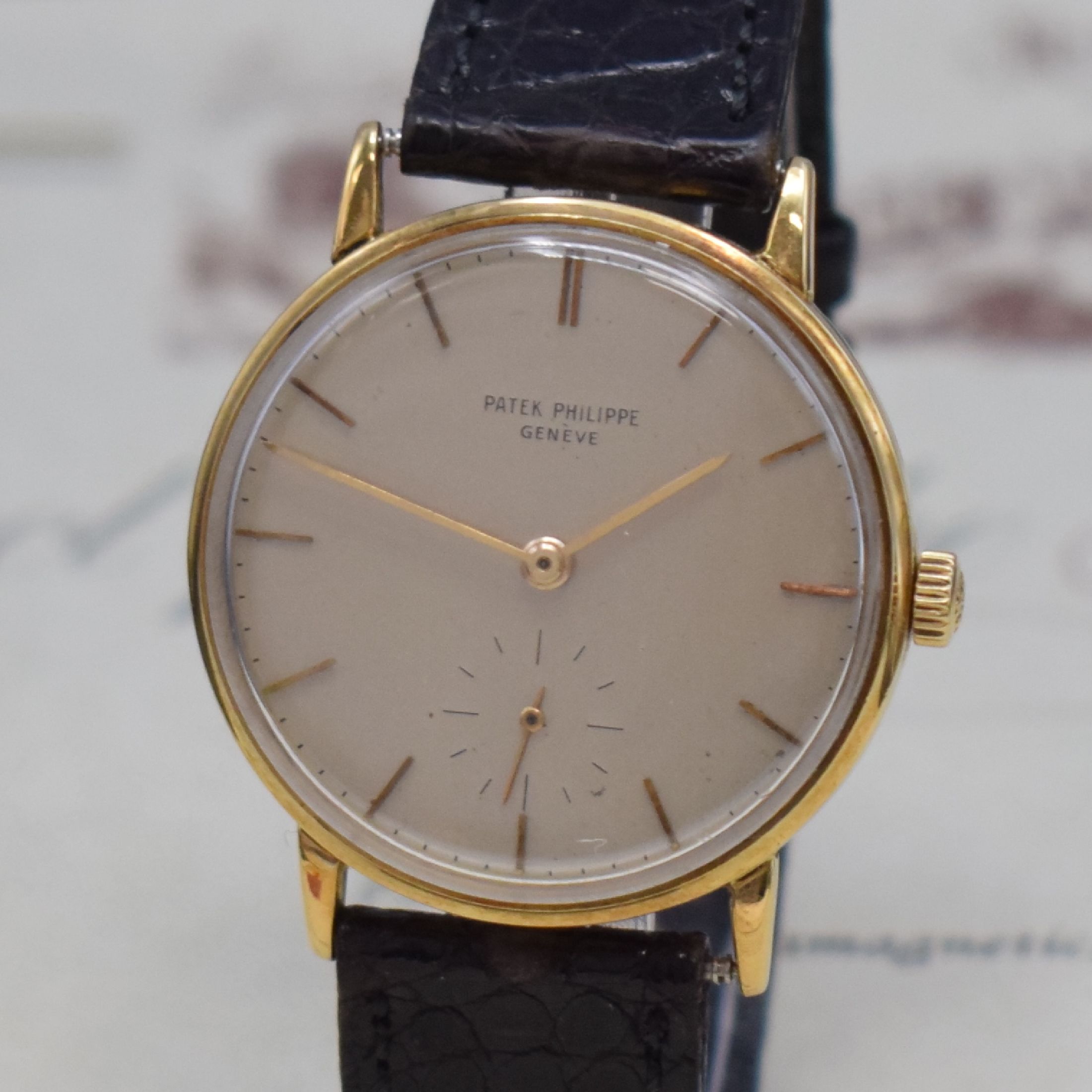 Detail a: PATEK PHILIPPE Kaliber 27-AM400 Herrenarmbanduhr in GG 750/000 Referenz 3410, Schweiz 1968, Handaufzug, 3-teil. Geh., Boden u. Glasrand aufgedr., ...