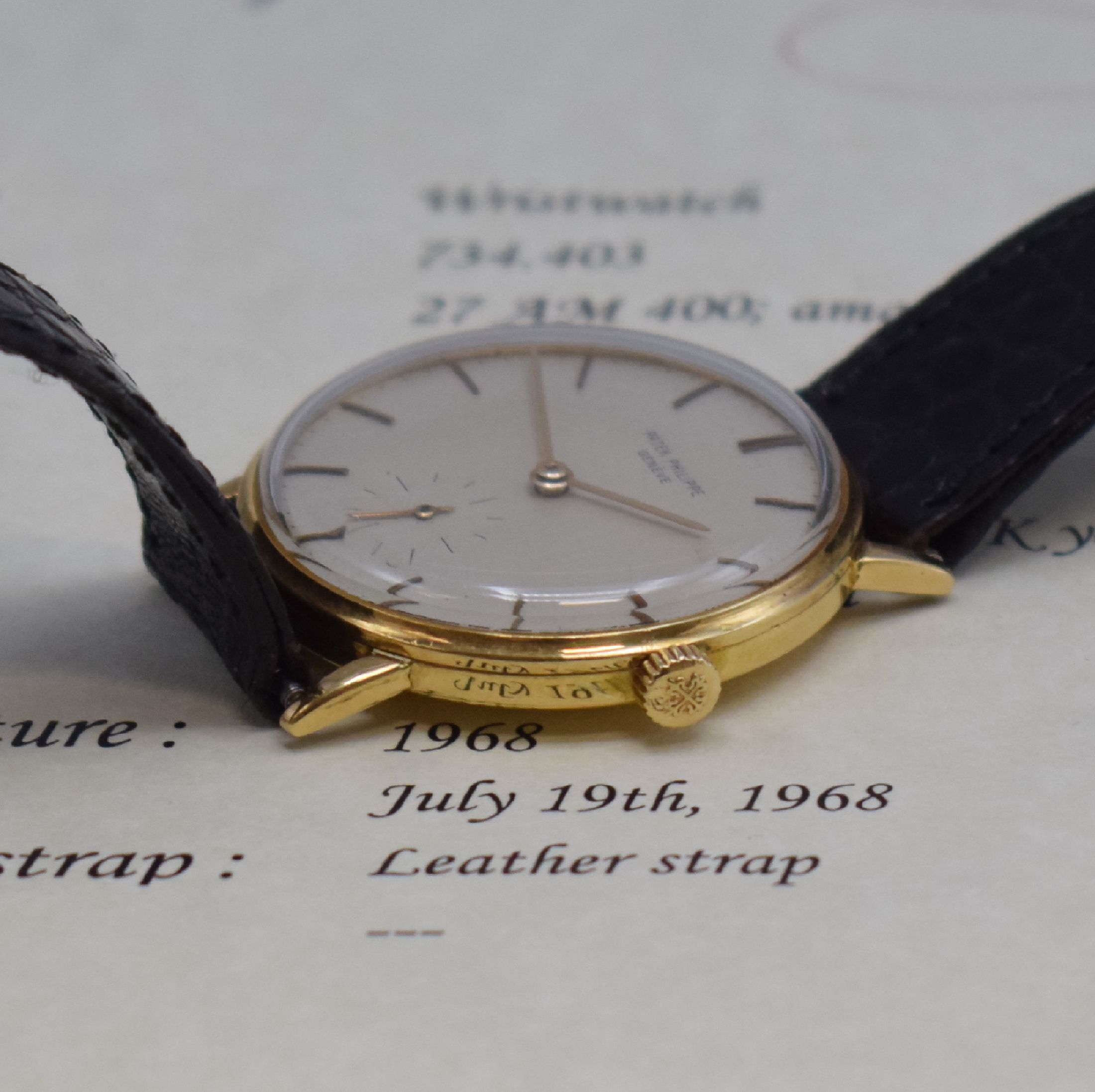 Detail b: PATEK PHILIPPE Kaliber 27-AM400 Herrenarmbanduhr in GG 750/000 Referenz 3410, Schweiz 1968, Handaufzug, 3-teil. Geh., Boden u. Glasrand aufgedr., ...