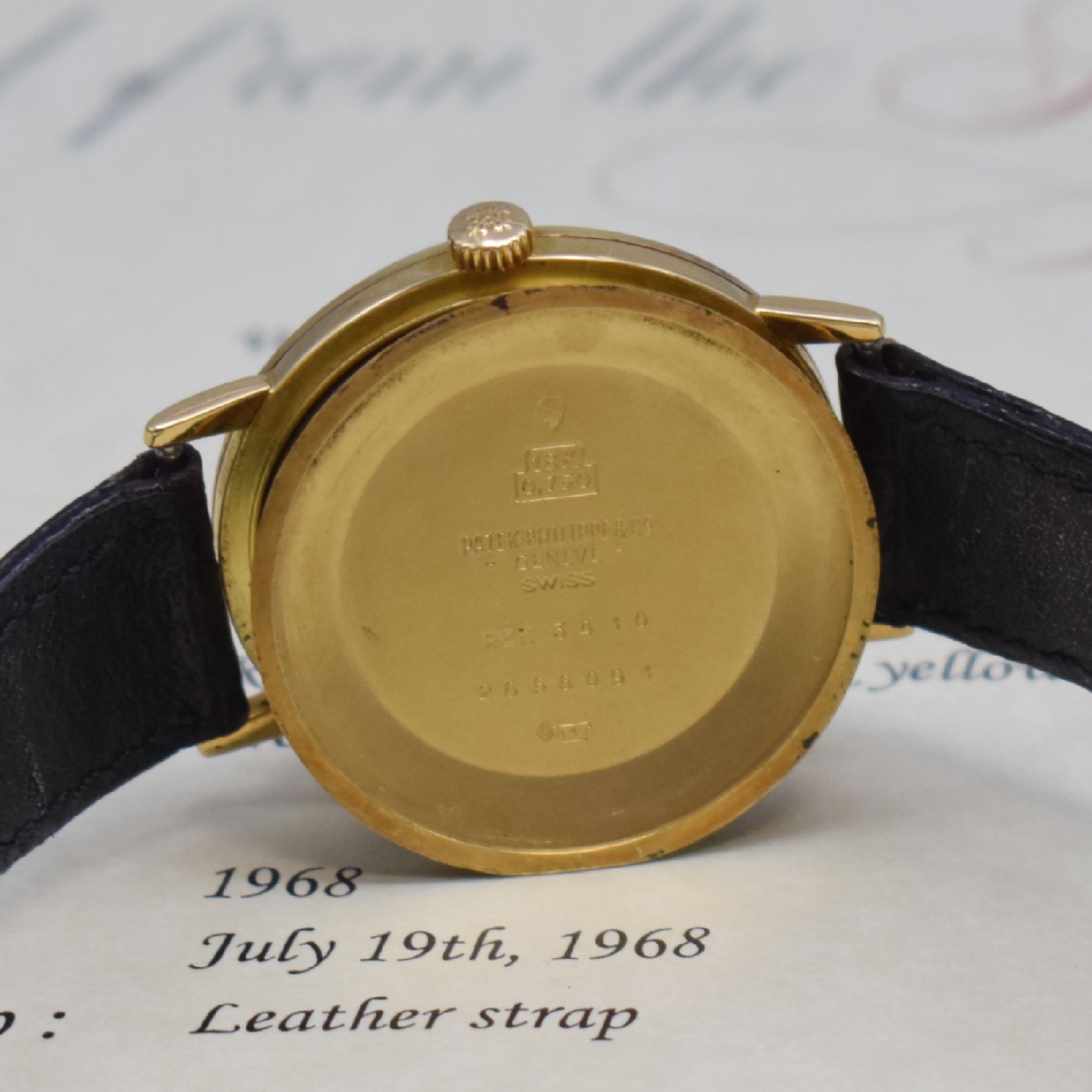 Detail e: PATEK PHILIPPE Kaliber 27-AM400 Herrenarmbanduhr in GG 750/000 Referenz 3410, Schweiz 1968, Handaufzug, 3-teil. Geh., Boden u. Glasrand aufgedr., ...