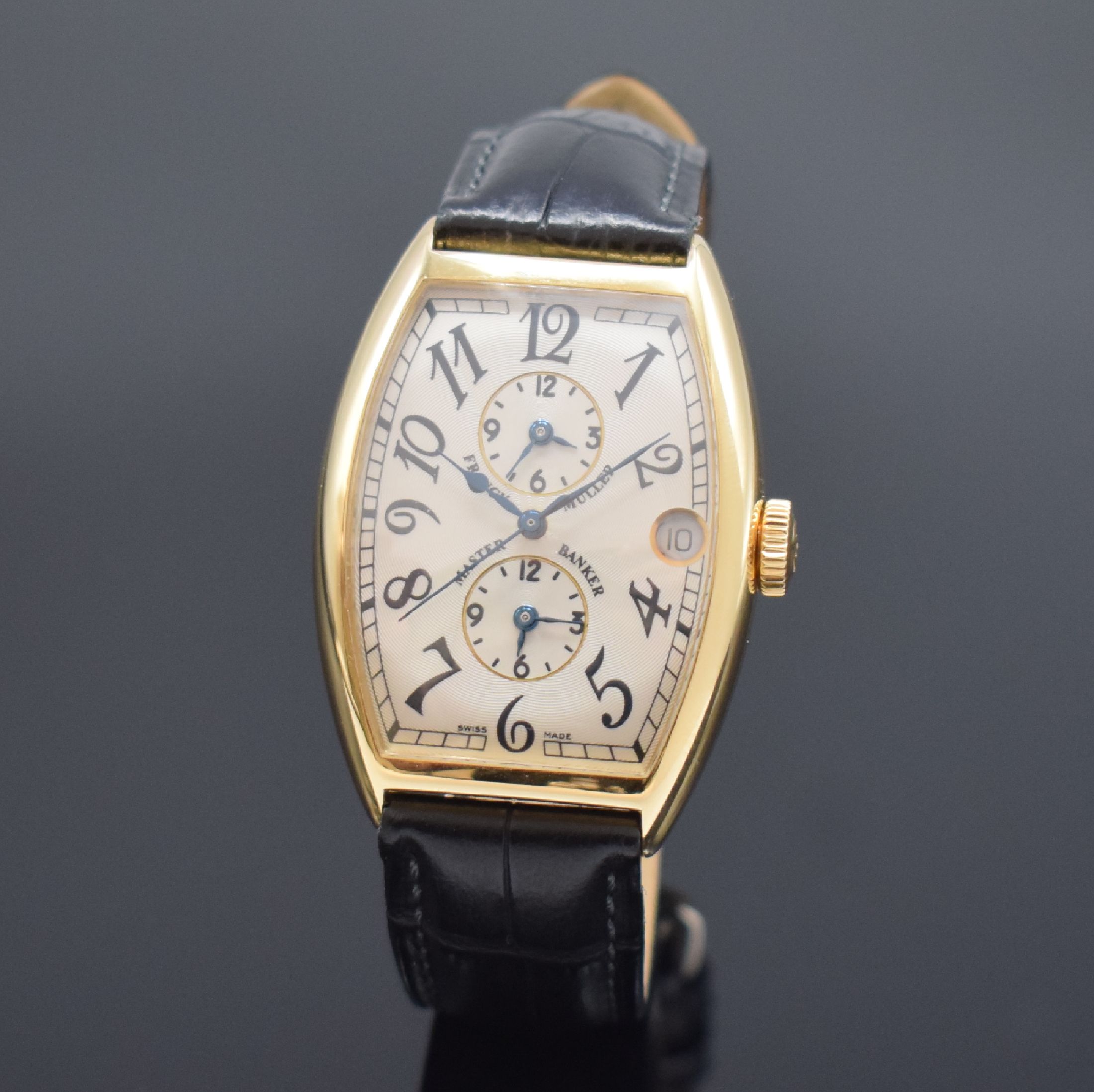 FRANCK MULLER Master Banker Herrenarmbanduhr mit 3 Zeitzonen in GG 750/000 Referenz 5850MB, Schweiz um 2010, Automatik, 2-teil. tonneau-förm. Geh., ...