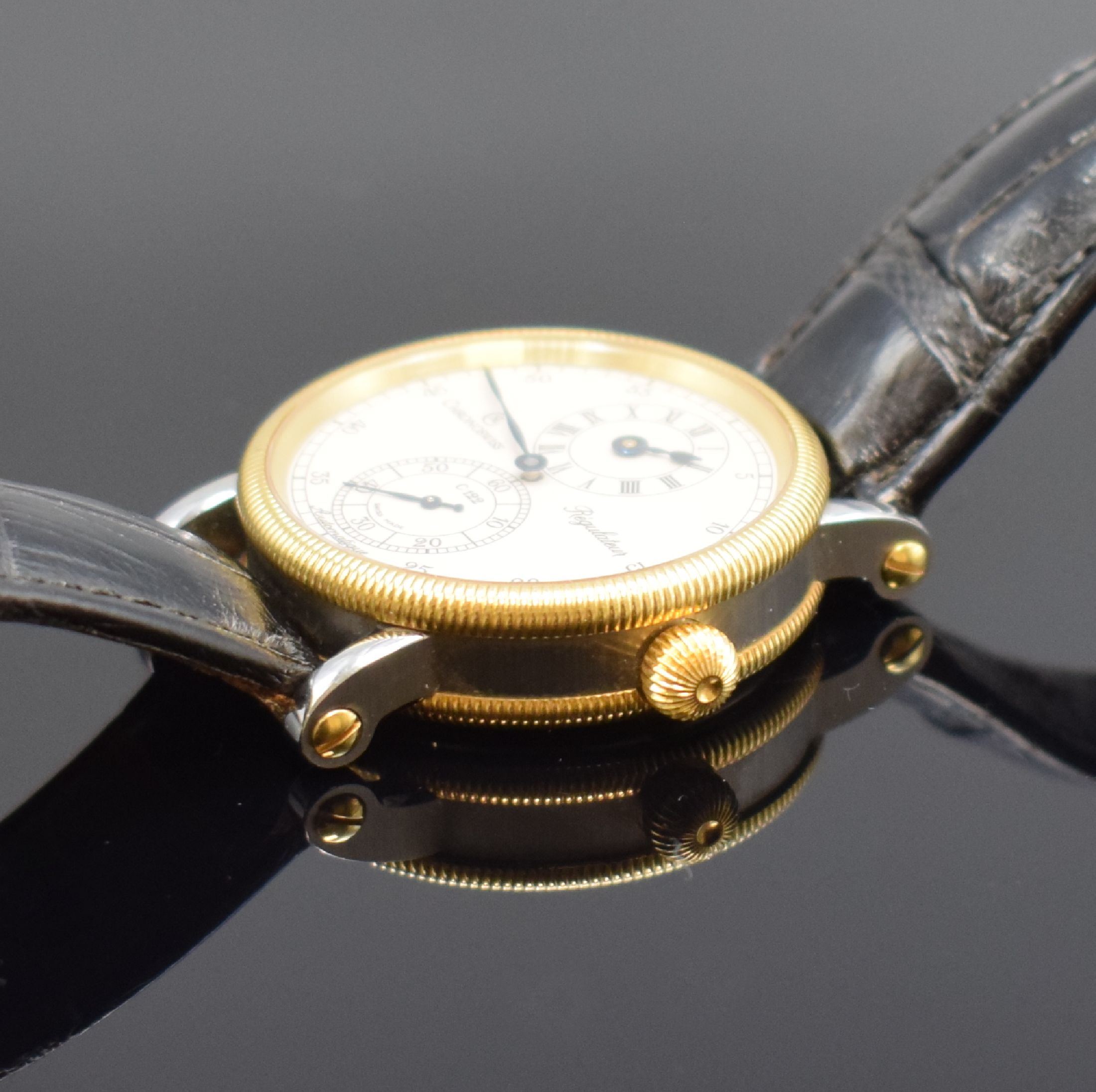 Detail c: CHRONOSWISS Regulateur Medium-Armbanduhr in Stahl und Gold Referenz CH 1222M, Schweiz um 2000, Automatik, beids. vergl. Geh., Boden verschr., ...