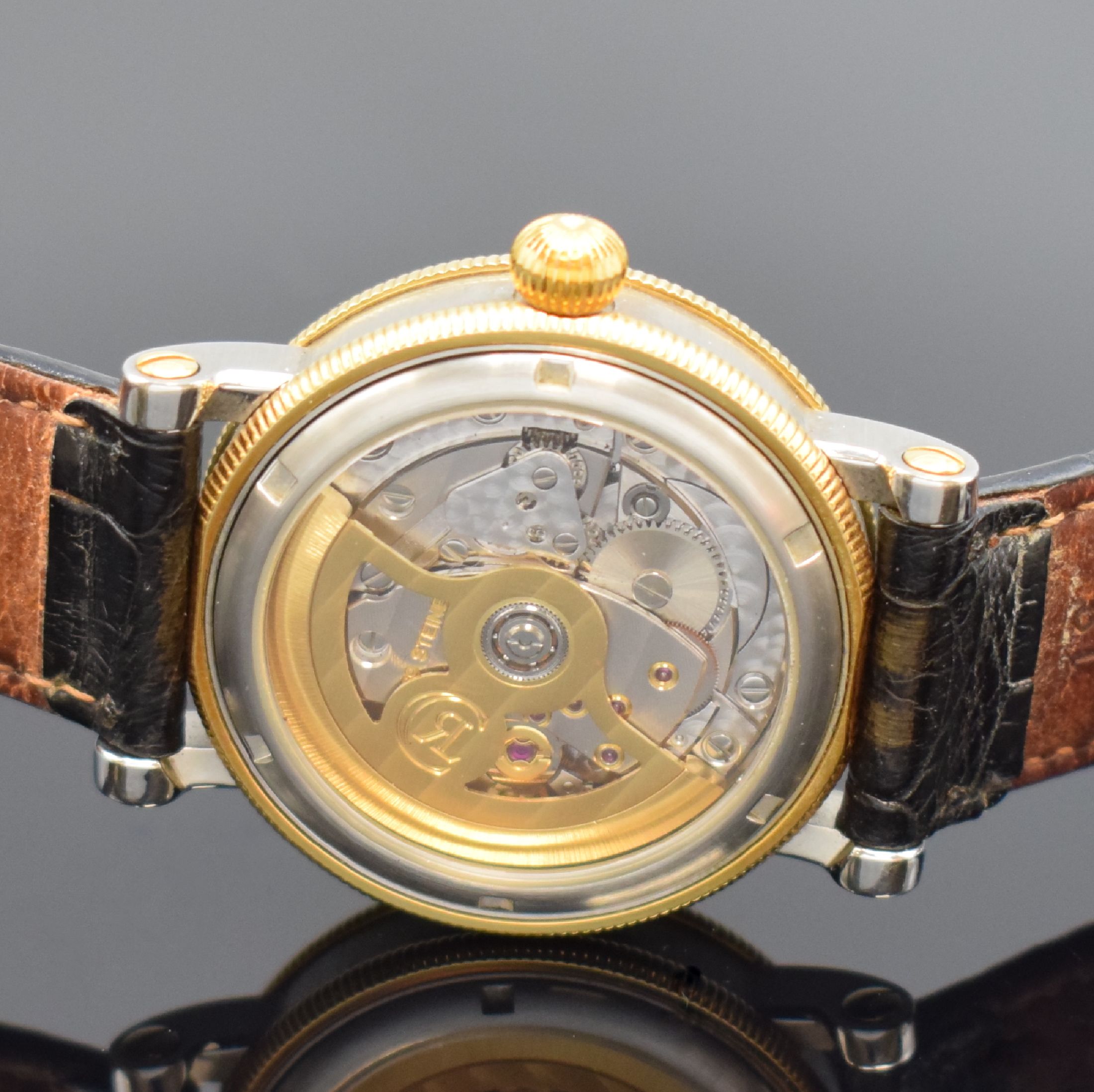 Detail d: CHRONOSWISS Regulateur Medium-Armbanduhr in Stahl und Gold Referenz CH 1222M, Schweiz um 2000, Automatik, beids. vergl. Geh., Boden verschr., ...