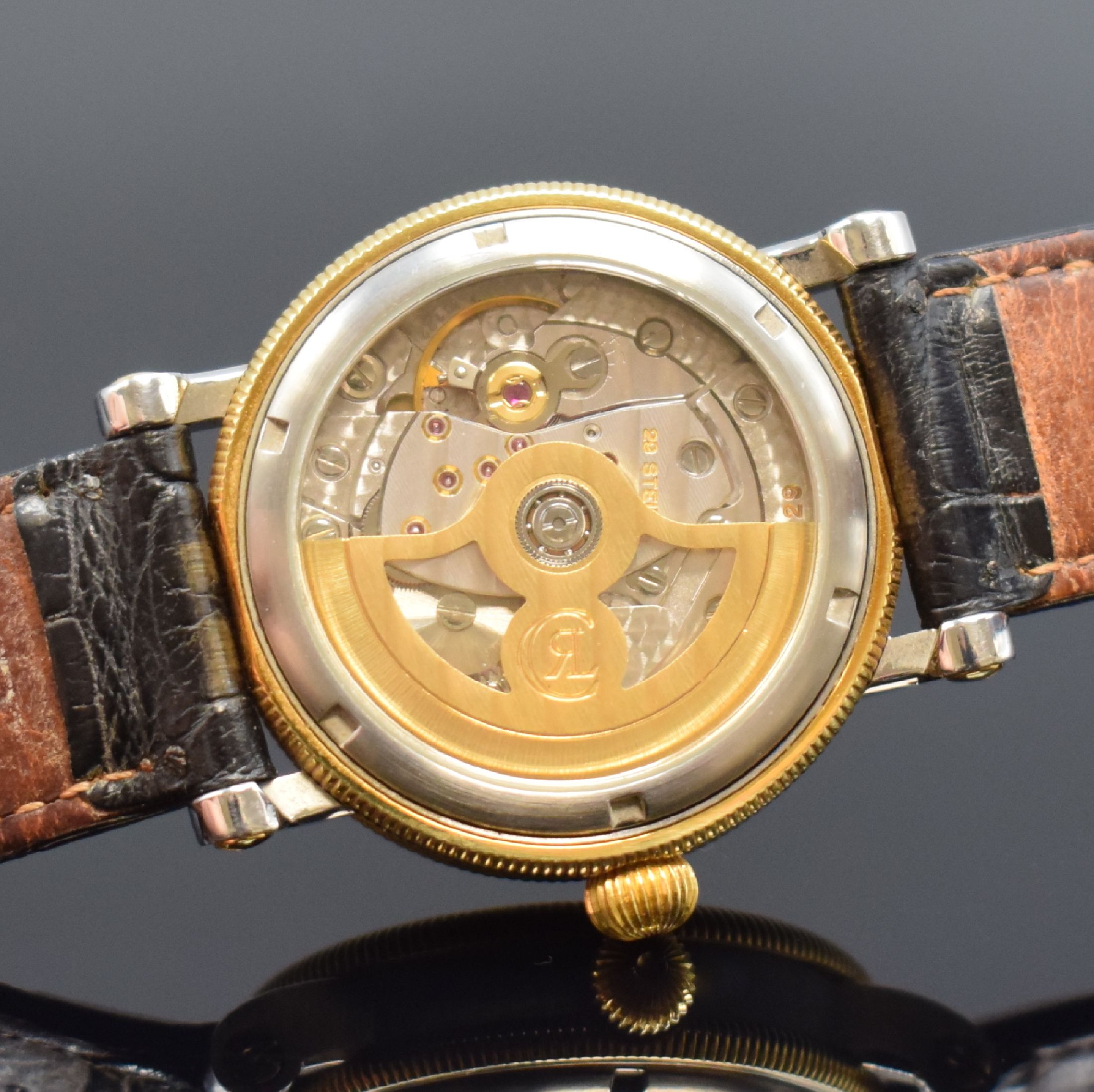 Detail e: CHRONOSWISS Regulateur Medium-Armbanduhr in Stahl und Gold Referenz CH 1222M, Schweiz um 2000, Automatik, beids. vergl. Geh., Boden verschr., ...