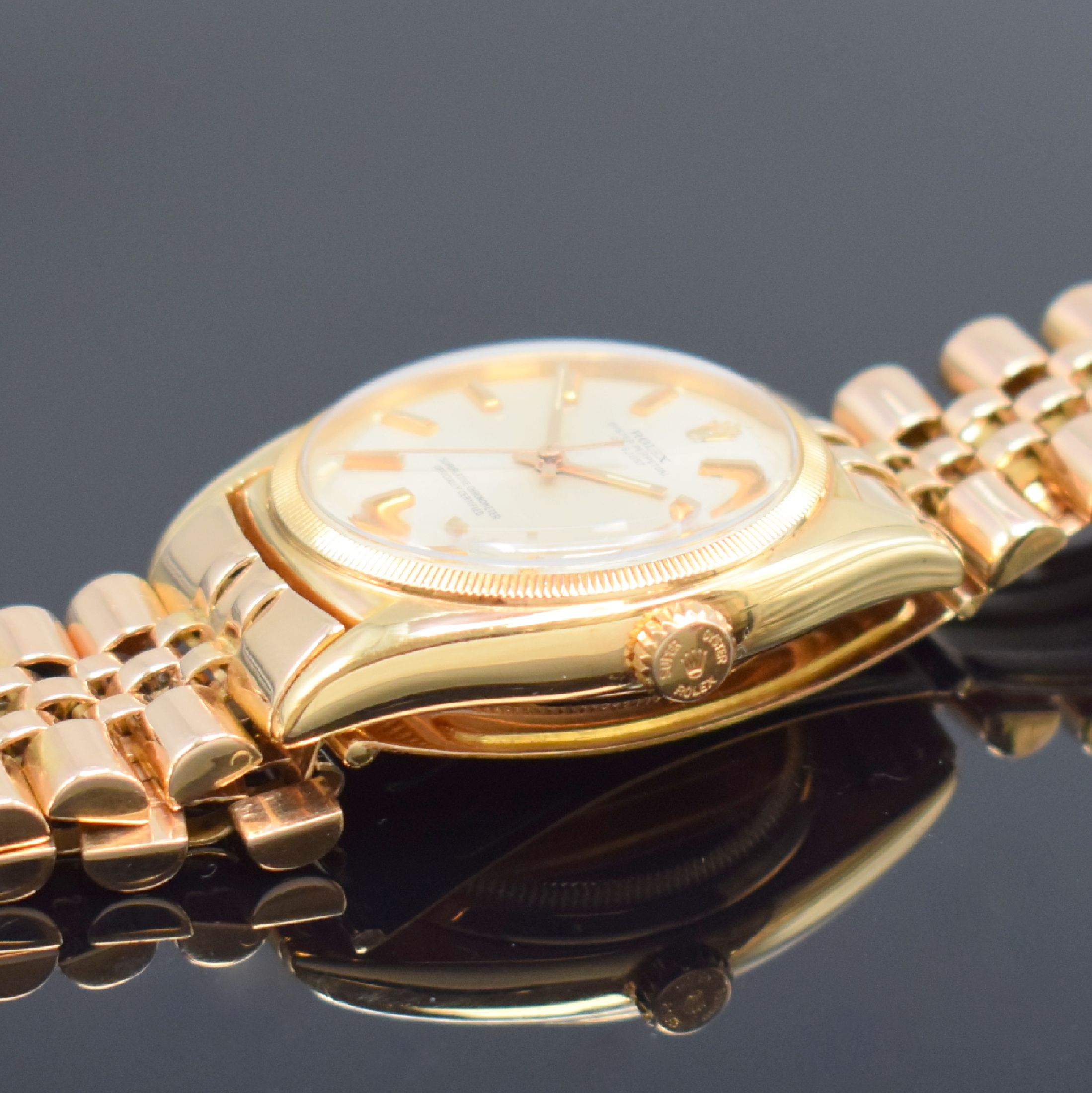 Detail d: ROLEX Datejust "Ovettone" Herrenarmbanduhr in RoseG 750/000 Referenz 6105, Schweiz um 1951, verschr. Oystergeh., neutr. Band in RoseG ...
