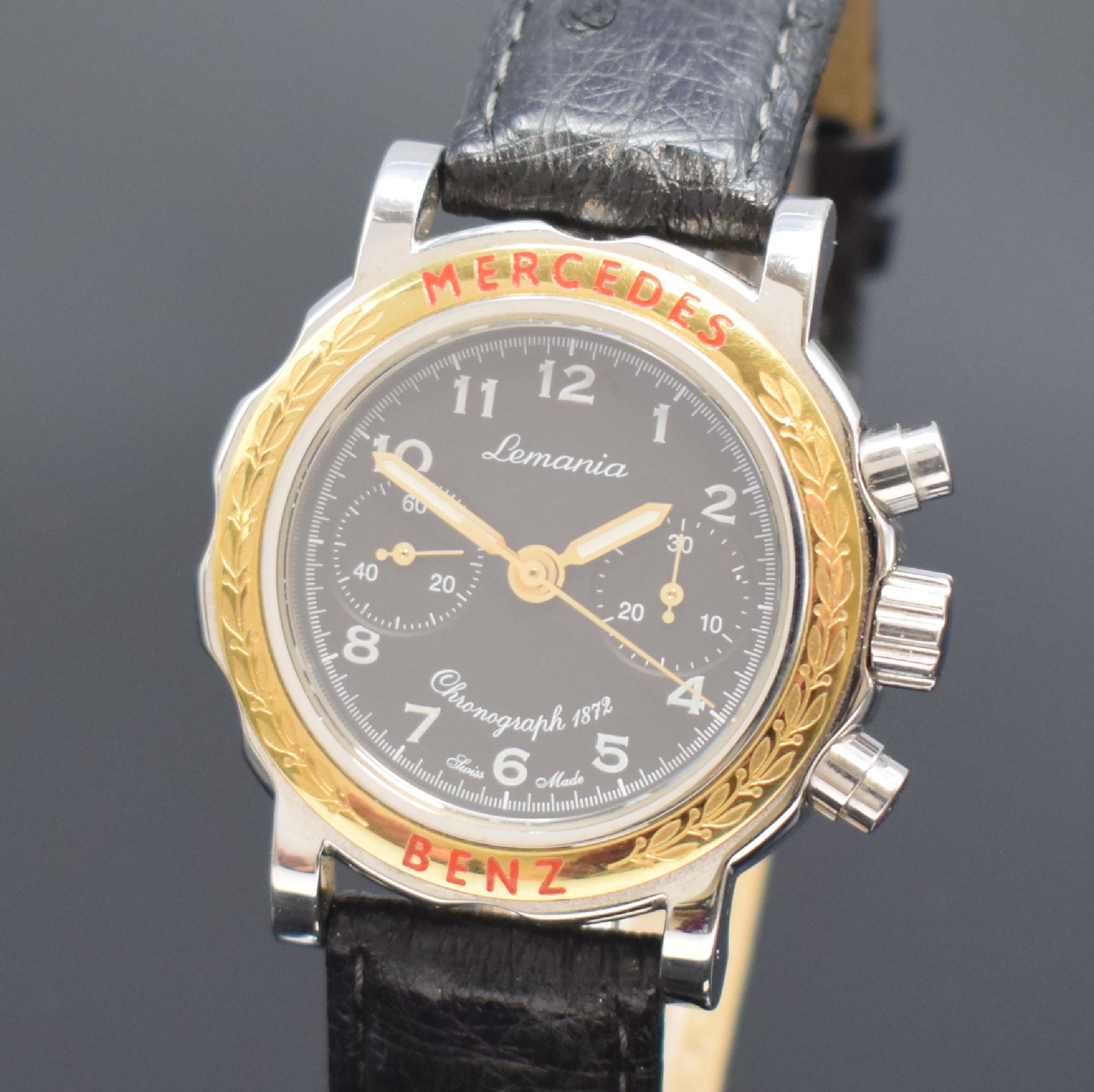 Detail a: MERCEDES BENZ / LEMANIA 1872 Armbandchronograph in Stahl/Gold, Schweiz um 1990, Handaufzug, beids. vergl. Geh., Lünette verg., Boden 4-fach ...