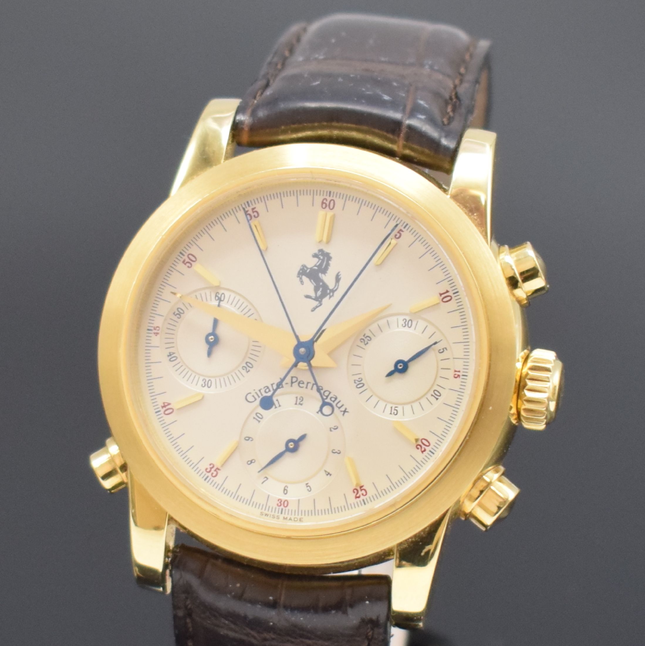 Detail a: GIRARD PERREGAUX / FERRARI limitierter Herrenchronograph mit Rattrapante Referenz 9015, Schweiz um 1990, Automatik, verschr. Geh., Boden m. Ferrari ...
