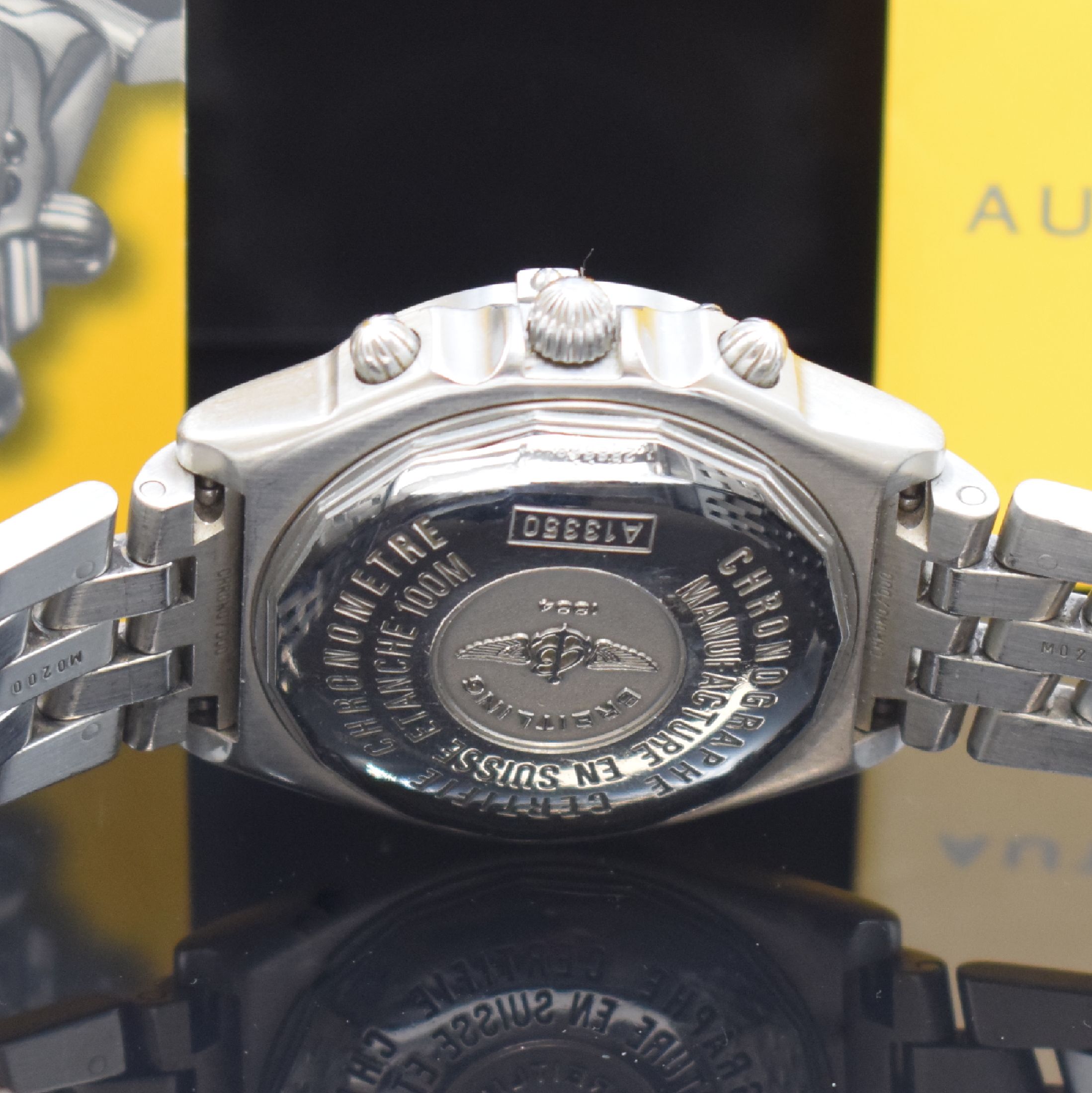 Detail d: BREITLING Chronomat Blackbird Herrenarmbanduhr mit Chronograph in Stahl Referenz A13350, Schweiz um 2000, Automatik, verschr. Gehäuse, Pilotband m. ...