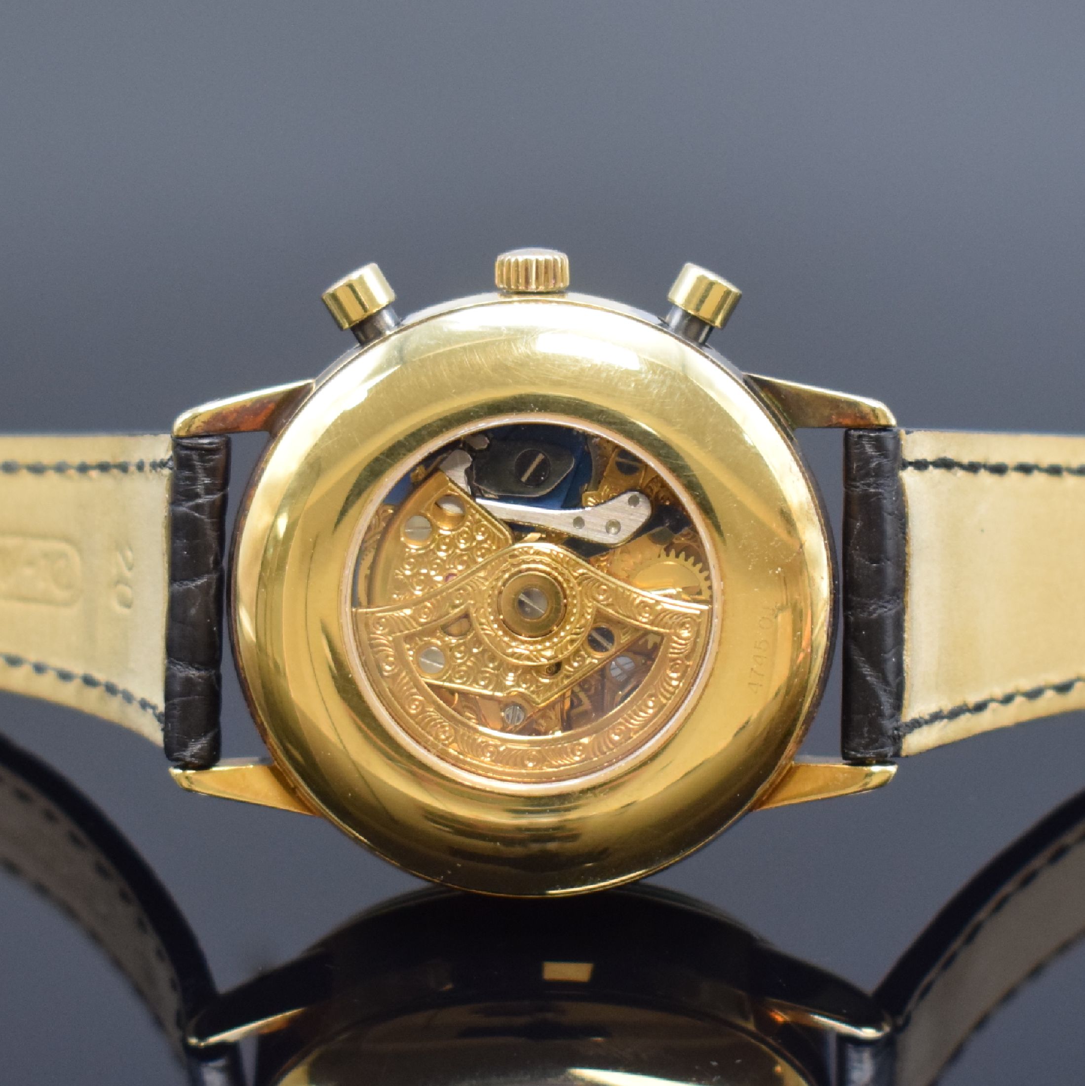 Detail c: GIRARD PERREGAUX Herrenarmbanduhr mit Chronograph und Mondphase in GG 750/000, Schweiz um 1900, beids. vergl. Geh., Boden aufgedr., weißes Zifferbl. ...