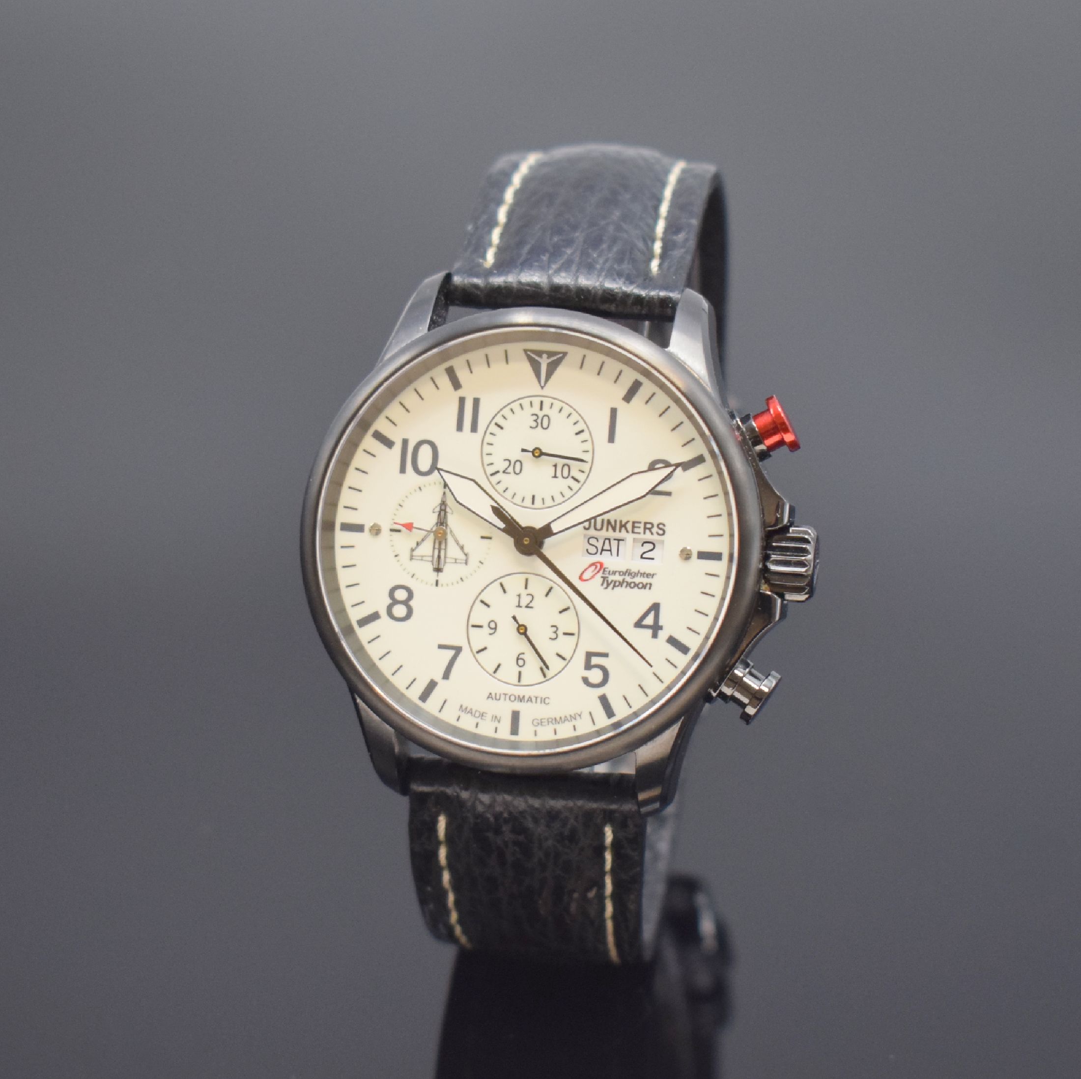 JUNKERS Eurofighter Typhoon limitierter Stahl-Chronograph, Schweiz um 2010, Automatik, geschwärztes beids. vergl. Geh., Boden verschr., weißes ...