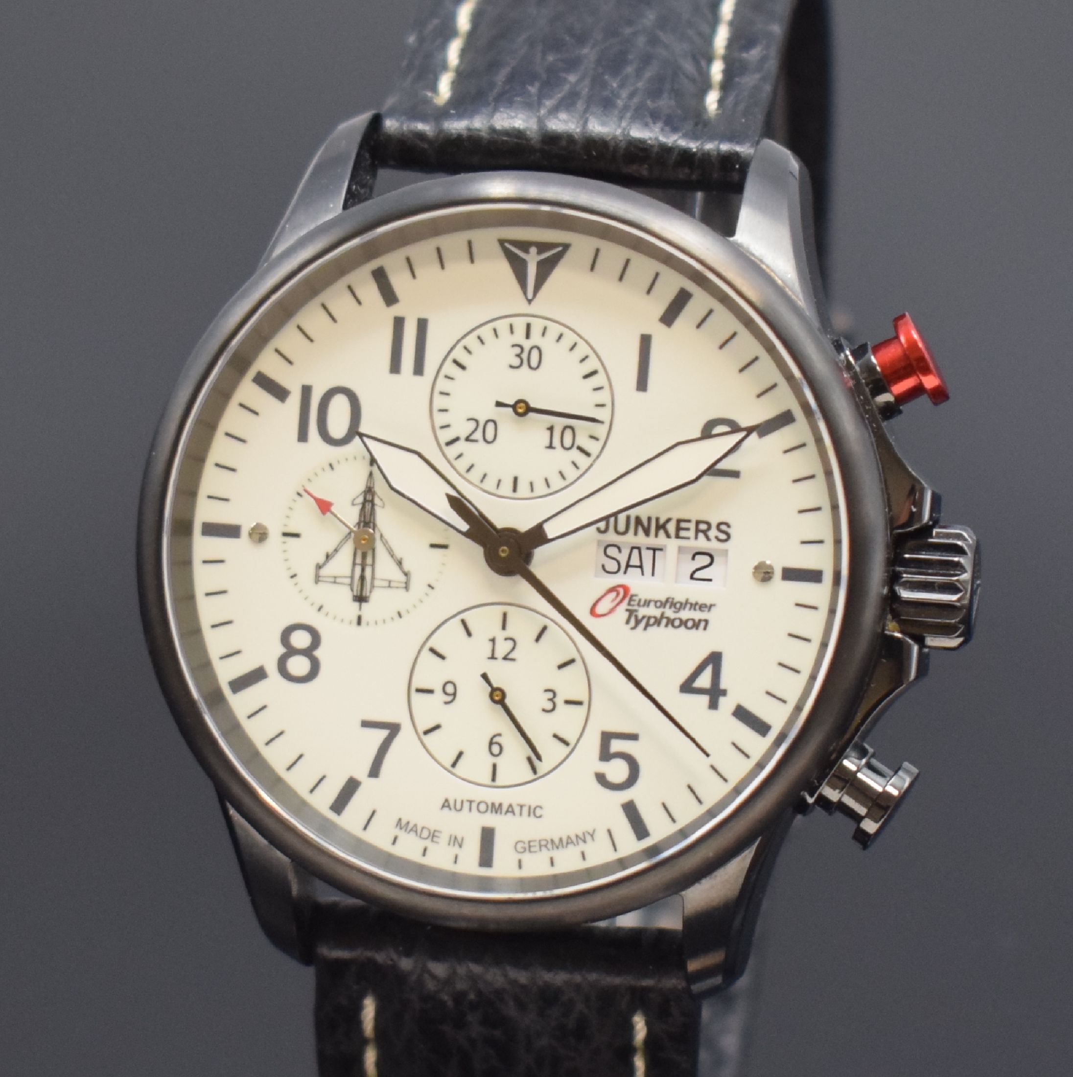 Detail a: JUNKERS Eurofighter Typhoon limitierter Stahl-Chronograph, Schweiz um 2010, Automatik, geschwärztes beids. vergl. Geh., Boden verschr., weißes ...