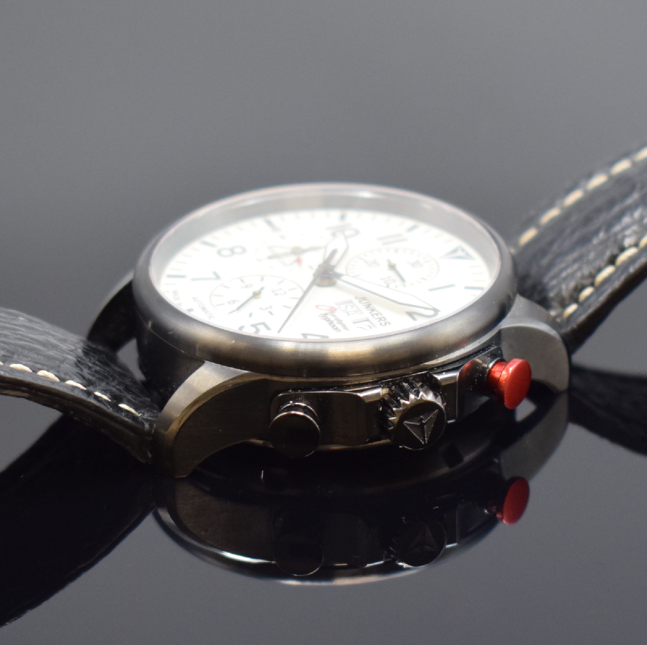 Detail b: JUNKERS Eurofighter Typhoon limitierter Stahl-Chronograph, Schweiz um 2010, Automatik, geschwärztes beids. vergl. Geh., Boden verschr., weißes ...