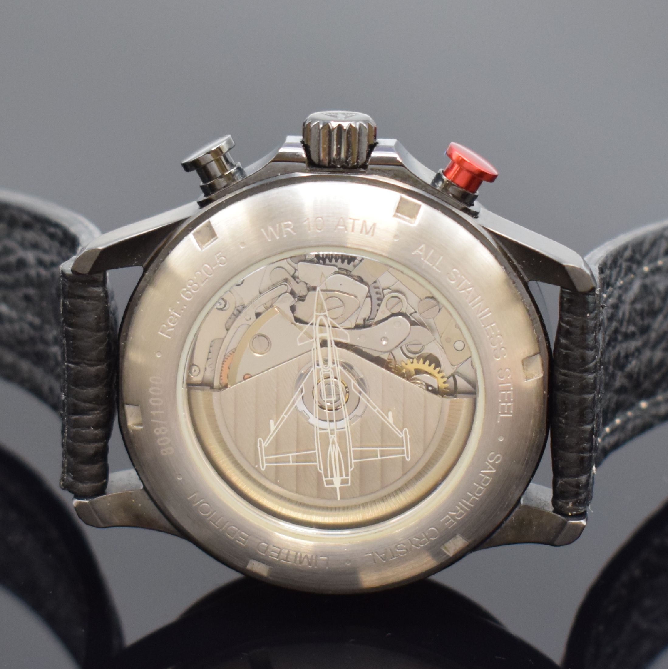 Detail c: JUNKERS Eurofighter Typhoon limitierter Stahl-Chronograph, Schweiz um 2010, Automatik, geschwärztes beids. vergl. Geh., Boden verschr., weißes ...