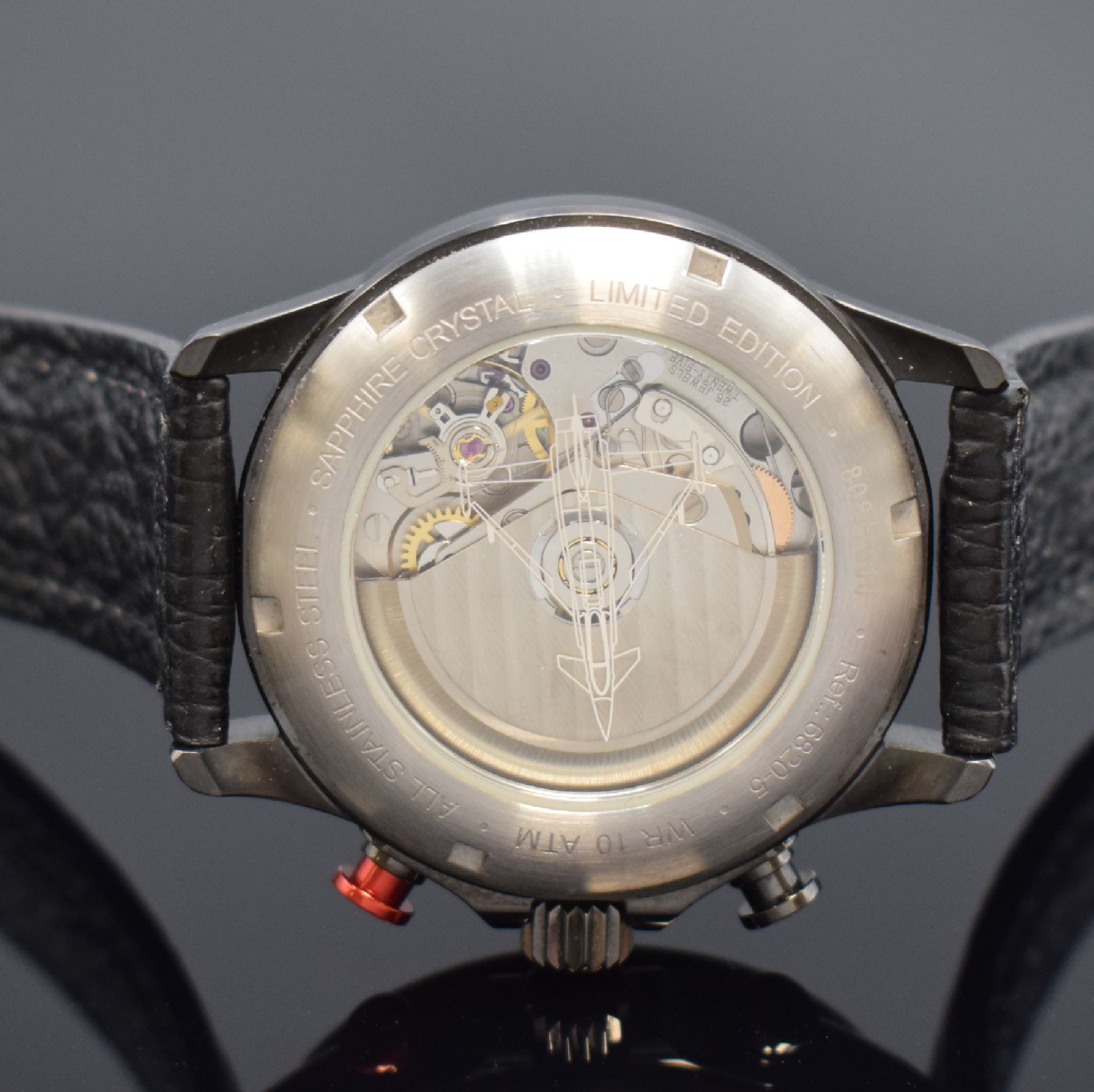 Detail d: JUNKERS Eurofighter Typhoon limitierter Stahl-Chronograph, Schweiz um 2010, Automatik, geschwärztes beids. vergl. Geh., Boden verschr., weißes ...