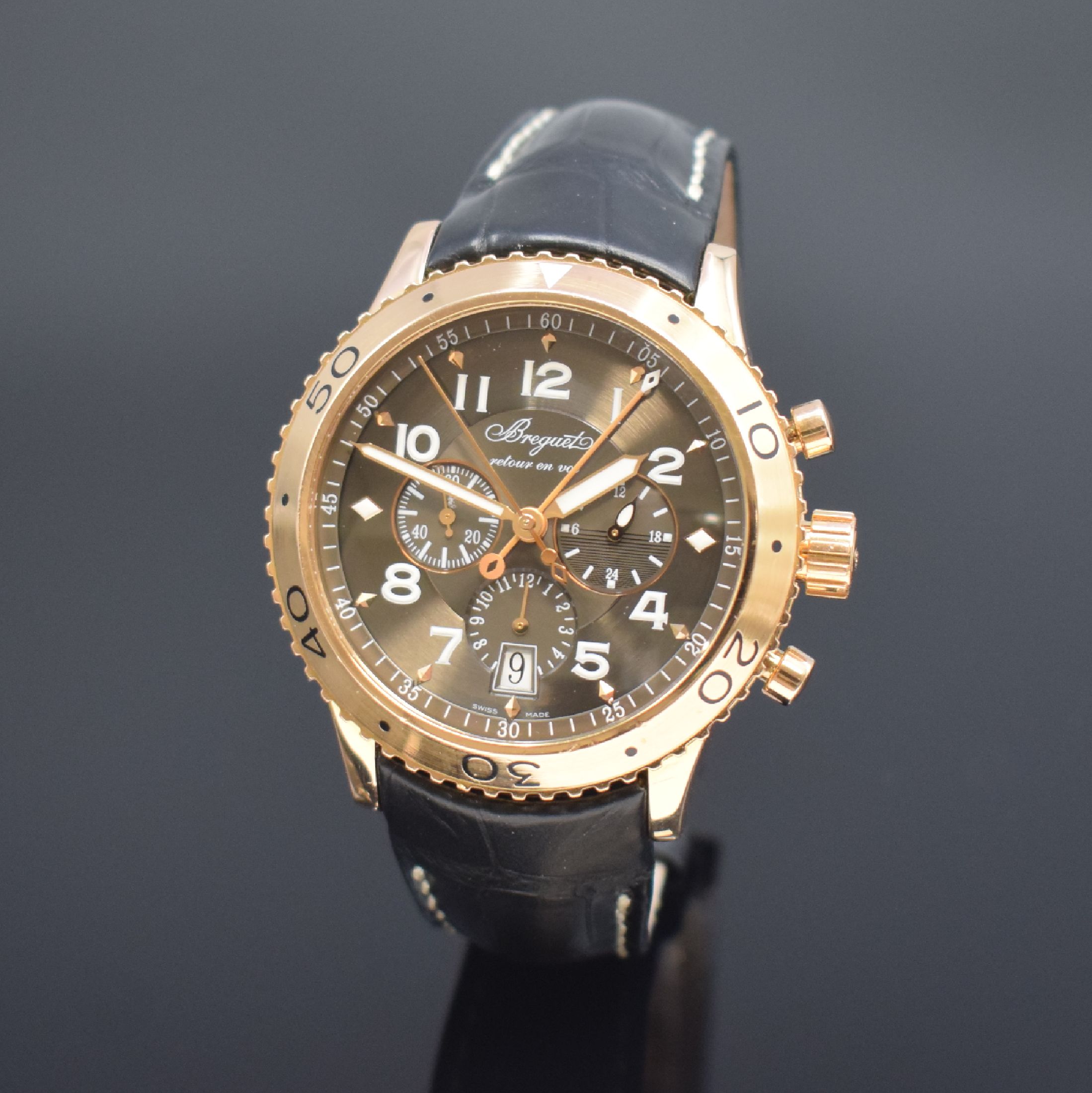 BREGUET Type XXI Flyback Chronograph in RG 750/000 Referenz 3810, Schweiz um 2015, Automatik, großes verschr. Geh., beids. drehb. Goldlünette m. ...