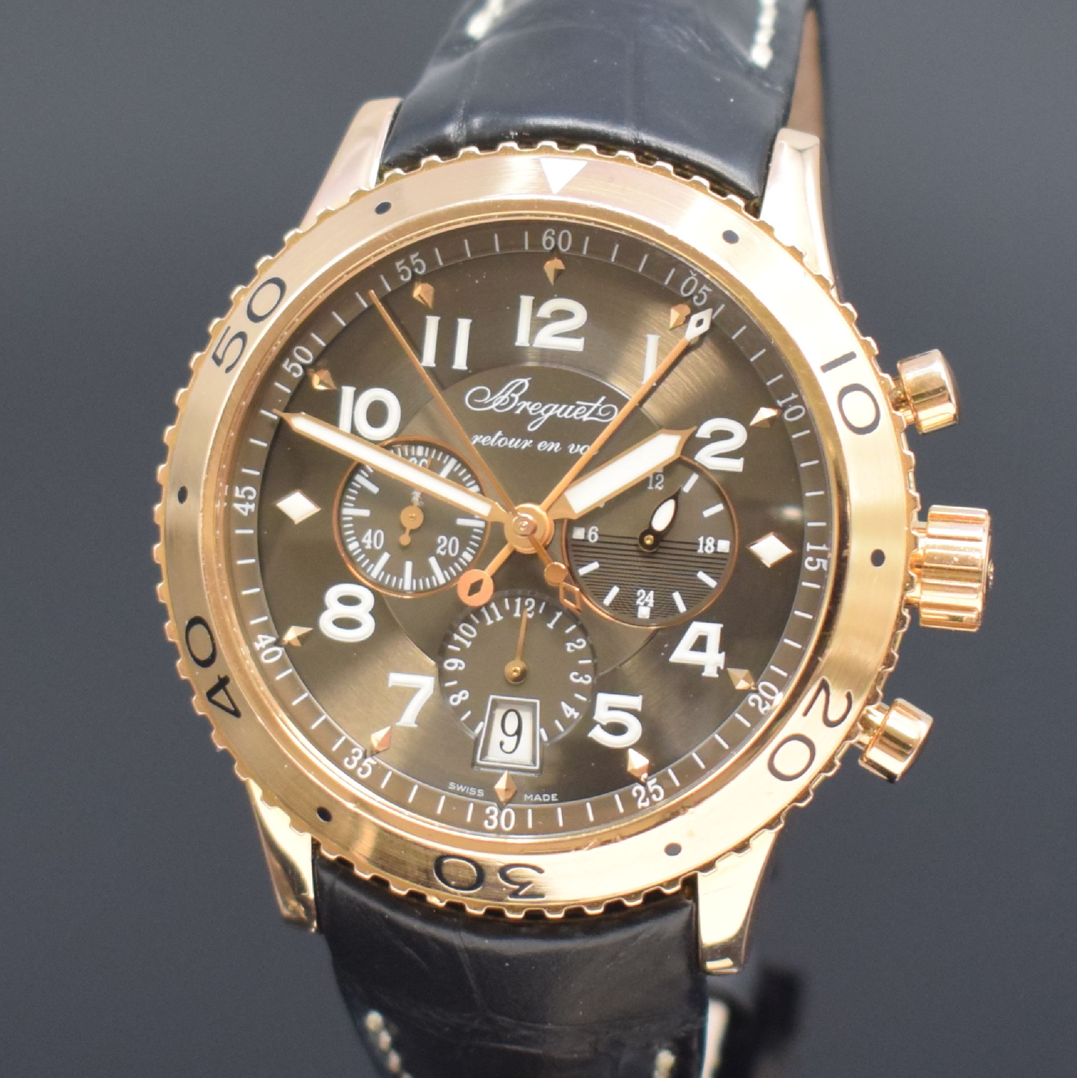 Detail a: BREGUET Type XXI Flyback Chronograph in RG 750/000 Referenz 3810, Schweiz um 2015, Automatik, großes verschr. Geh., beids. drehb. Goldlünette m. ...