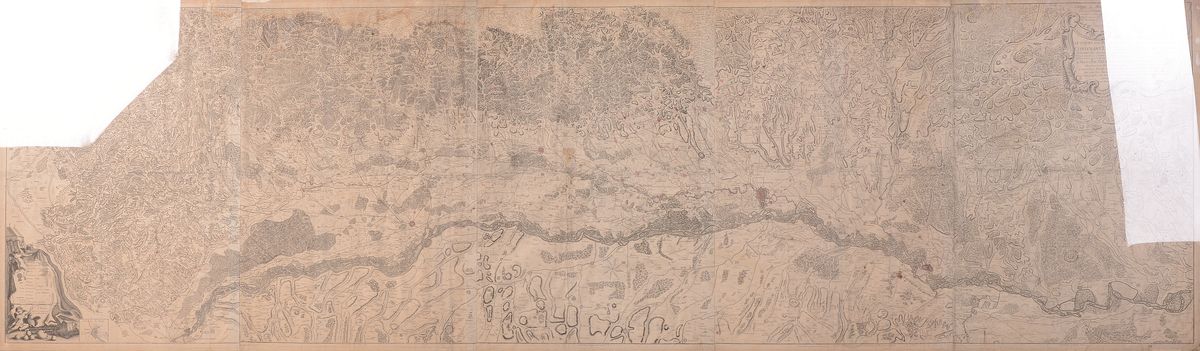 Aussergewöhnlich große Kupferstichkarte von Le Rouge, 1745, aus 5 großformatigen Karten zusammengefügt, zeigt den Rheinverlauf von Basel bis nahe ...