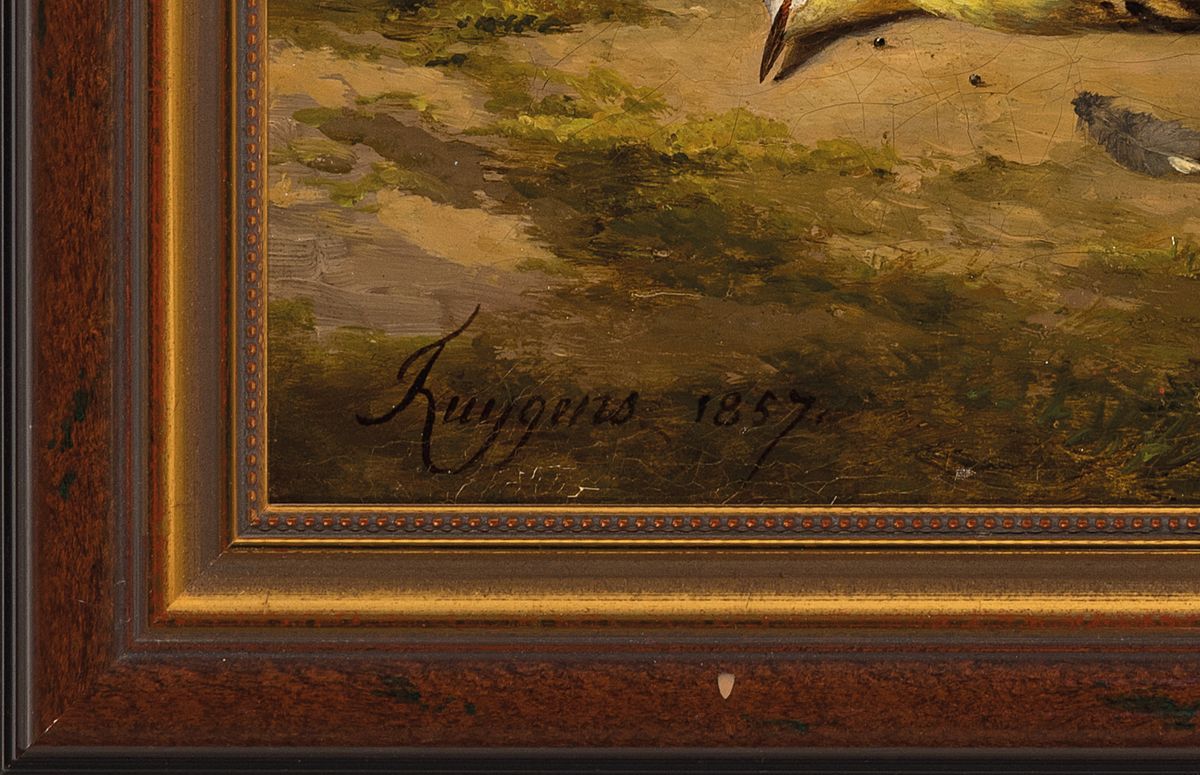 Detail a: Francois Joseph Huygens, 1820-1908 Belgien, Stillleben mit Pulverhorn und erlegten Vögel, Öl/Lwd, rest., rechts unten signiert, ca. 72x60cm, R. ca. ...