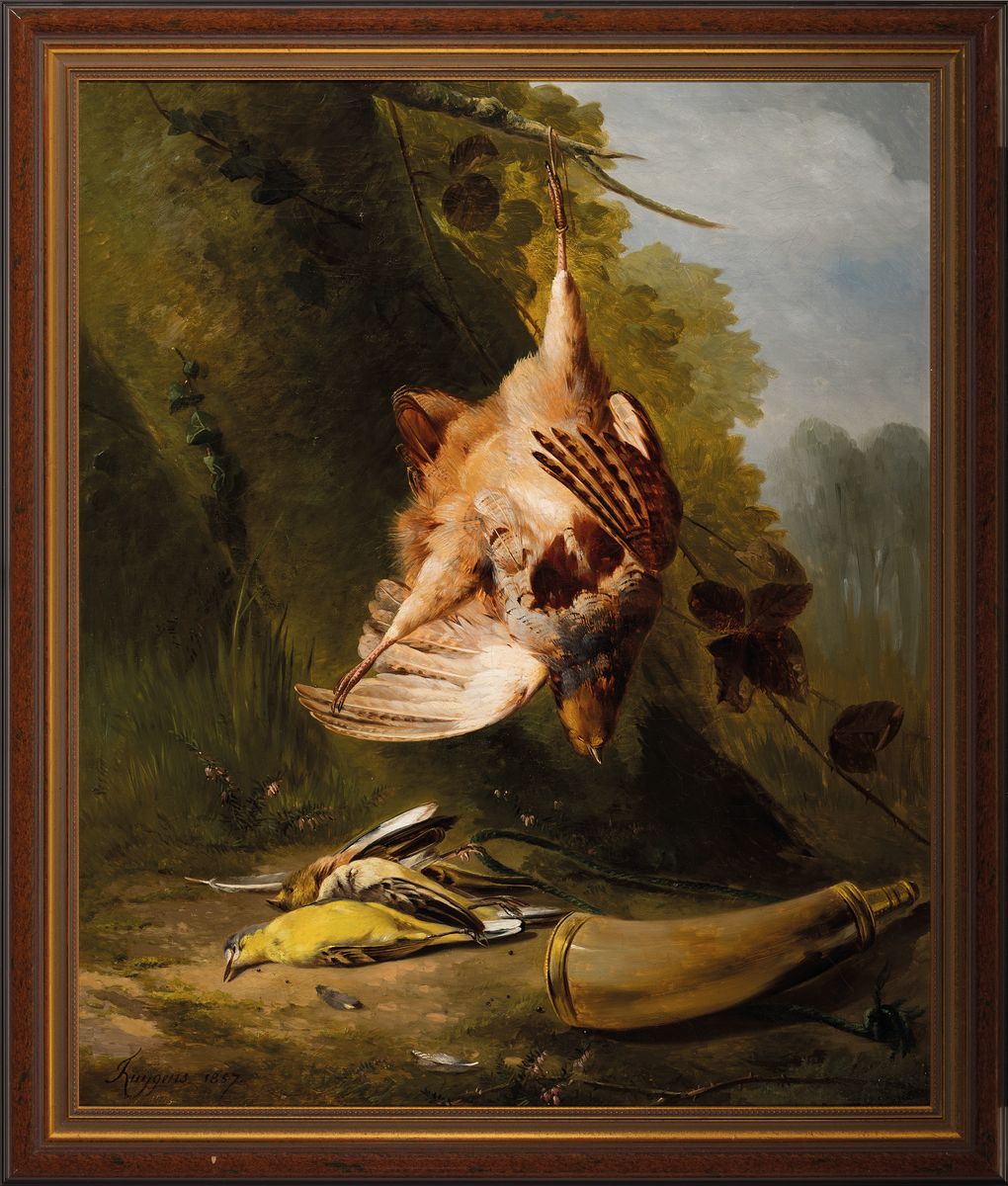 Detail k: Francois Joseph Huygens, 1820-1908 Belgien, Stillleben mit Pulverhorn und erlegten Vögel, Öl/Lwd, rest., rechts unten signiert, ca. 72x60cm, R. ca. ...
