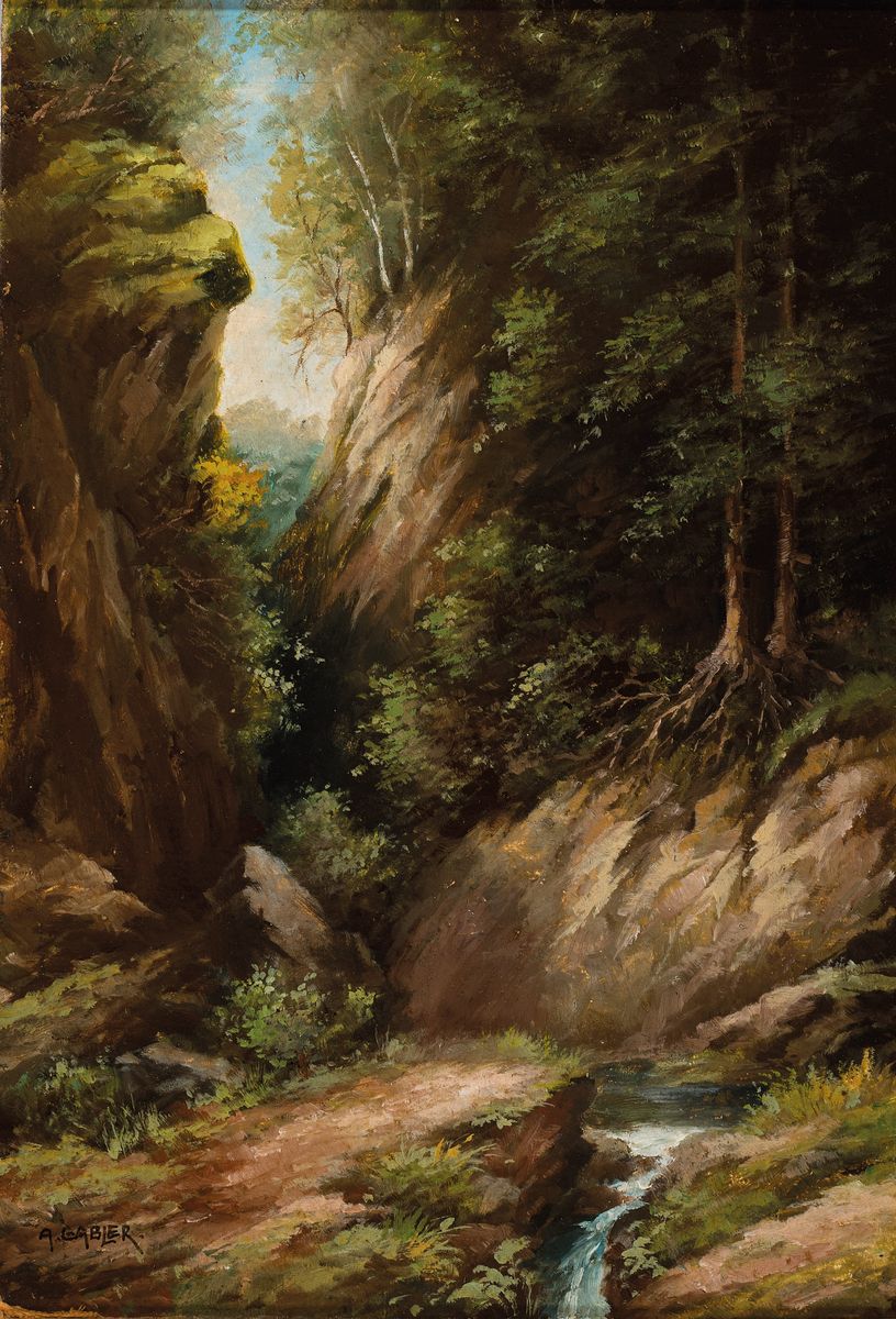 A. Gabler, Maler des frühen 20. Jh., Waldinterieur mit Schlucht und Bach, Öl/ Hartfaser, links unten signiert, rückseitig auf altem Etikett ...