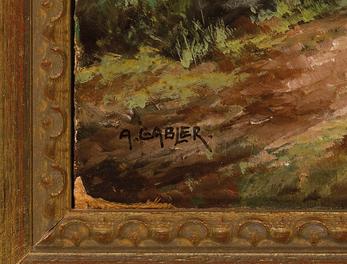 Detail a: A. Gabler, Maler des frühen 20. Jh., Waldinterieur mit Schlucht und Bach, Öl/ Hartfaser, links unten signiert, rückseitig auf altem Etikett ...