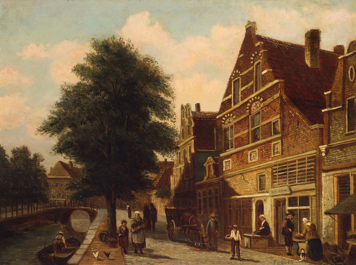 Frans Lodewijk van Gulik, 1841 Mastricht- 1899 Rotterdam, niederländische Stadtansicht mit Personen, Öl/Holz, parkettiert, rechts unten sign., ca. ...
