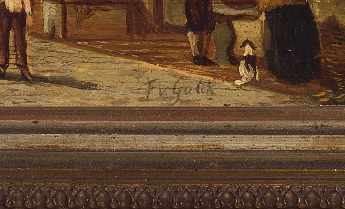 Detail a: Frans Lodewijk van Gulik, 1841 Mastricht- 1899 Rotterdam, niederländische Stadtansicht mit Personen, Öl/Holz, parkettiert, rechts unten sign., ca. ...