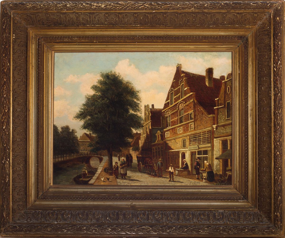 Detail k: Frans Lodewijk van Gulik, 1841 Mastricht- 1899 Rotterdam, niederländische Stadtansicht mit Personen, Öl/Holz, parkettiert, rechts unten sign., ca. ...