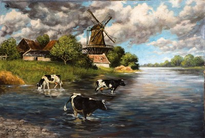 Image 26615287 - Carl Furtner, Hamburg painter of the early 20th century, Dutch landscape with windmill and cows in the ford, oil/canvas mounted on chipboard, lower left sign., approx. 82x120cm,baroque style frame 97x136cm