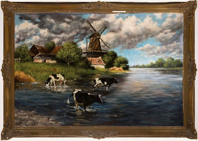 26615287k - Carl Furtner, Hamburg painter of the early 20th century, Dutch landscape with windmill and cows in the ford, oil/canvas mounted on chipboard, lower left sign., approx. 82x120cm,baroque style frame 97x136cm