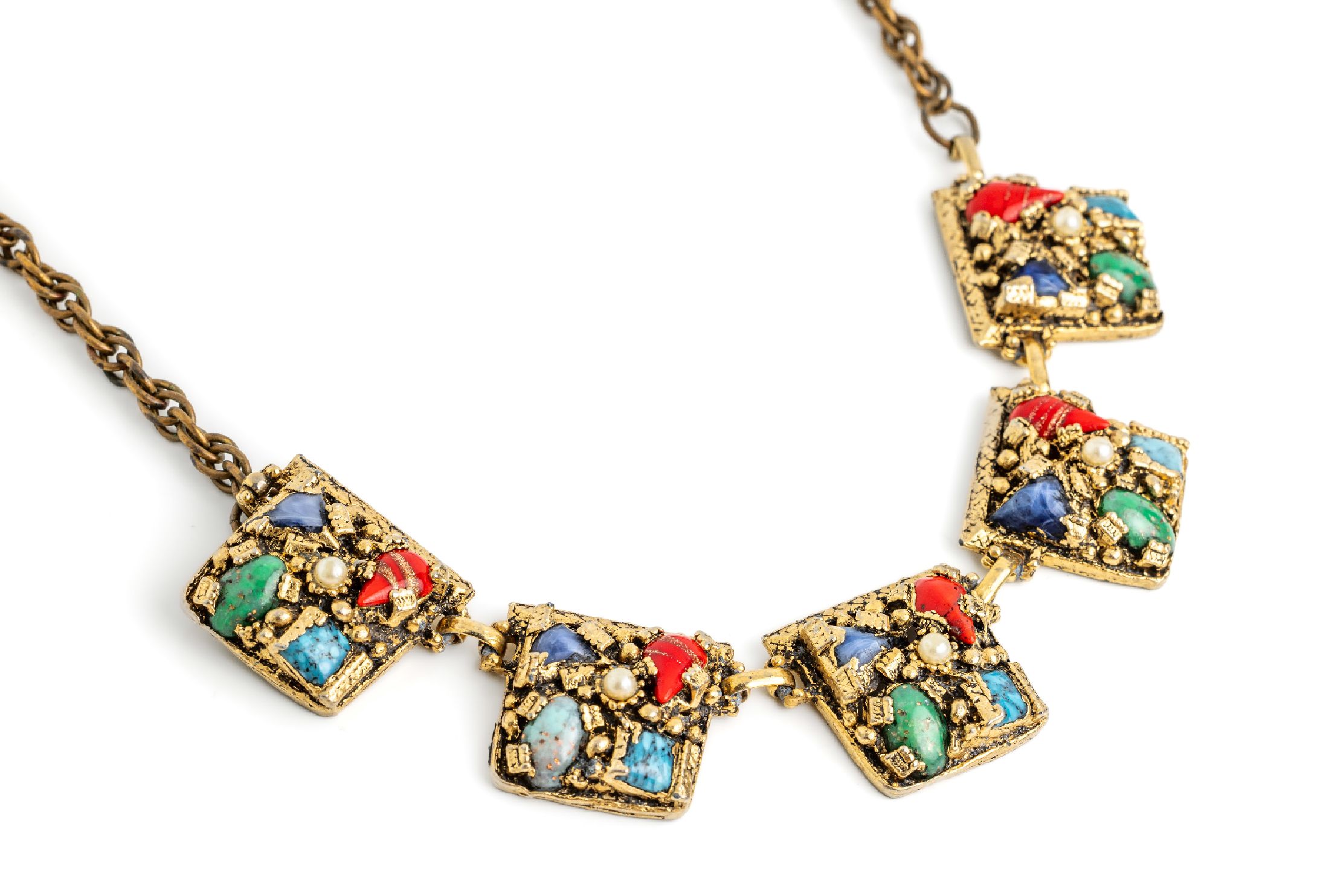 Ausgefallenes Modeschmuckcollier 1940/50er Jahre, Metall vergoldet, eingetropftes, buntes Pate-de-Verre, L ca. 40 cm