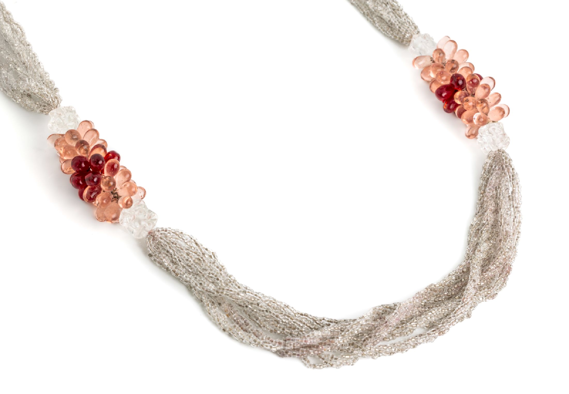 Modeschmuckcollier, Gablonz 1930er Jahre, 6-reihig mit farblosen Glasrondellen, 2 abstrakt florale Zwischenelemente mit rosa- farbenen und roten ...