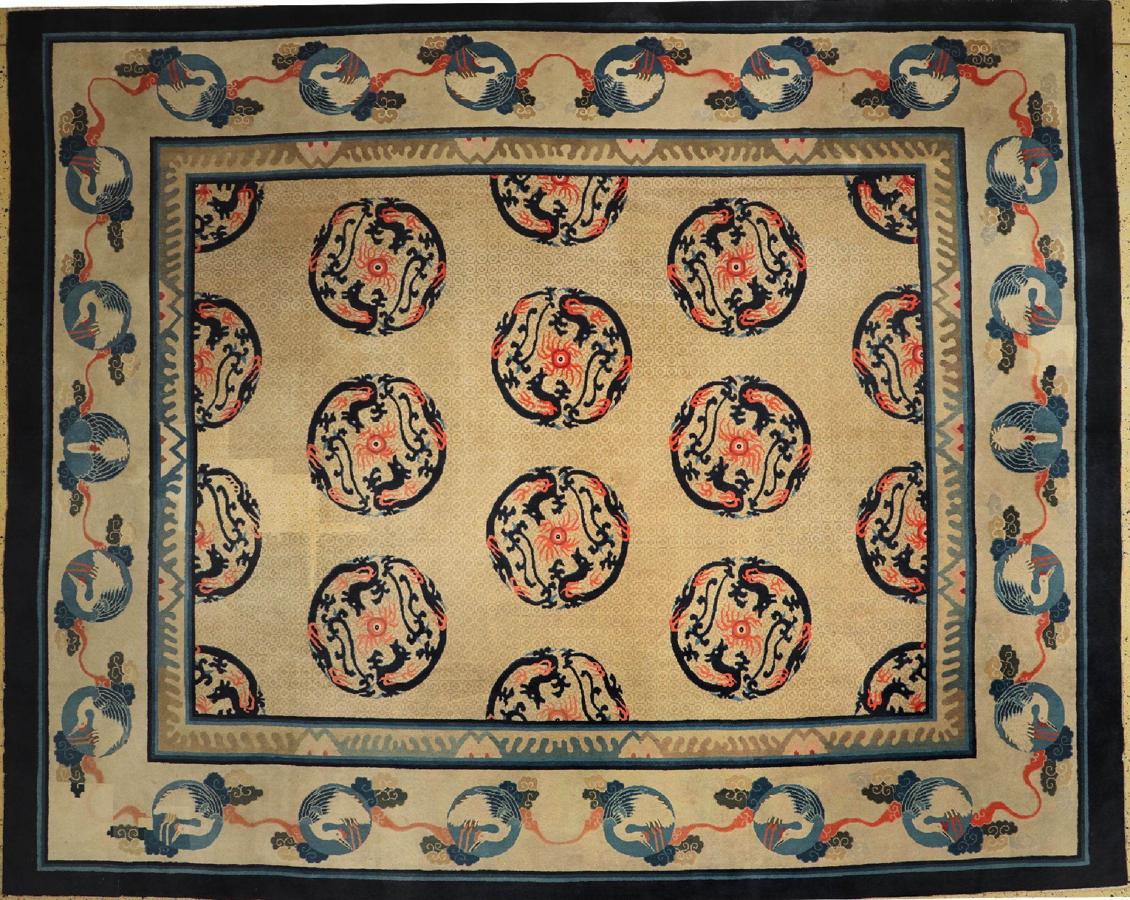 Ning-Hsia antik, China, 19.Jhd, Wolle auf Baumwolle, ca. 373 x 303 cm,Restauriert, EHZ:4