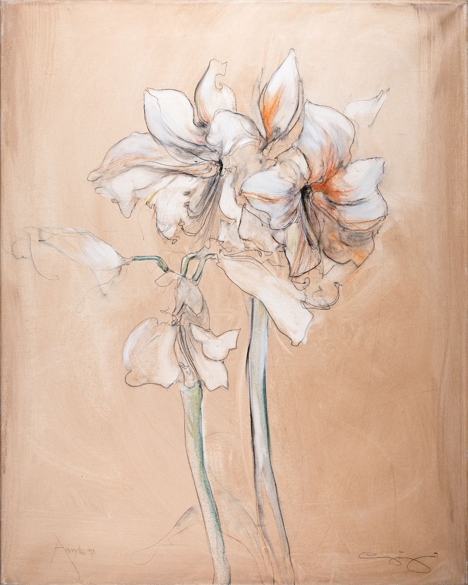 Görges, zeitgenössischer deutscher Künstler,"Amaryllis 043", Zeichnung in Mischtechnik aufLwd, signiert, Alterssp., 100x80 cm