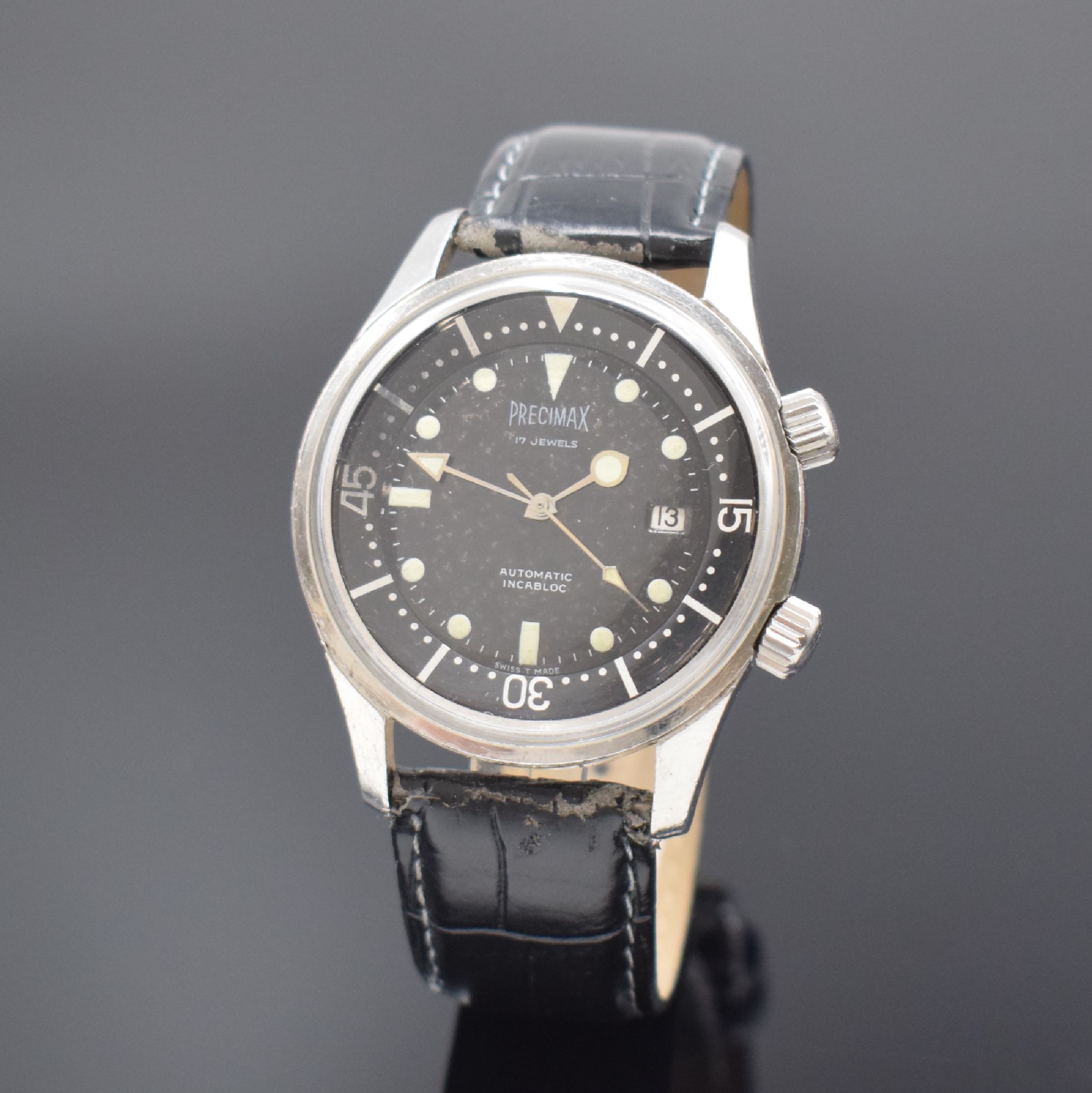 PRECIMAX Herrenarmbanduhr in Stahl, Schweiz um 1965, Automatik, geschr. Boden innen sign. Super-Compressor, Patent-Nr. 317537 u. 337462, schwarzes ...