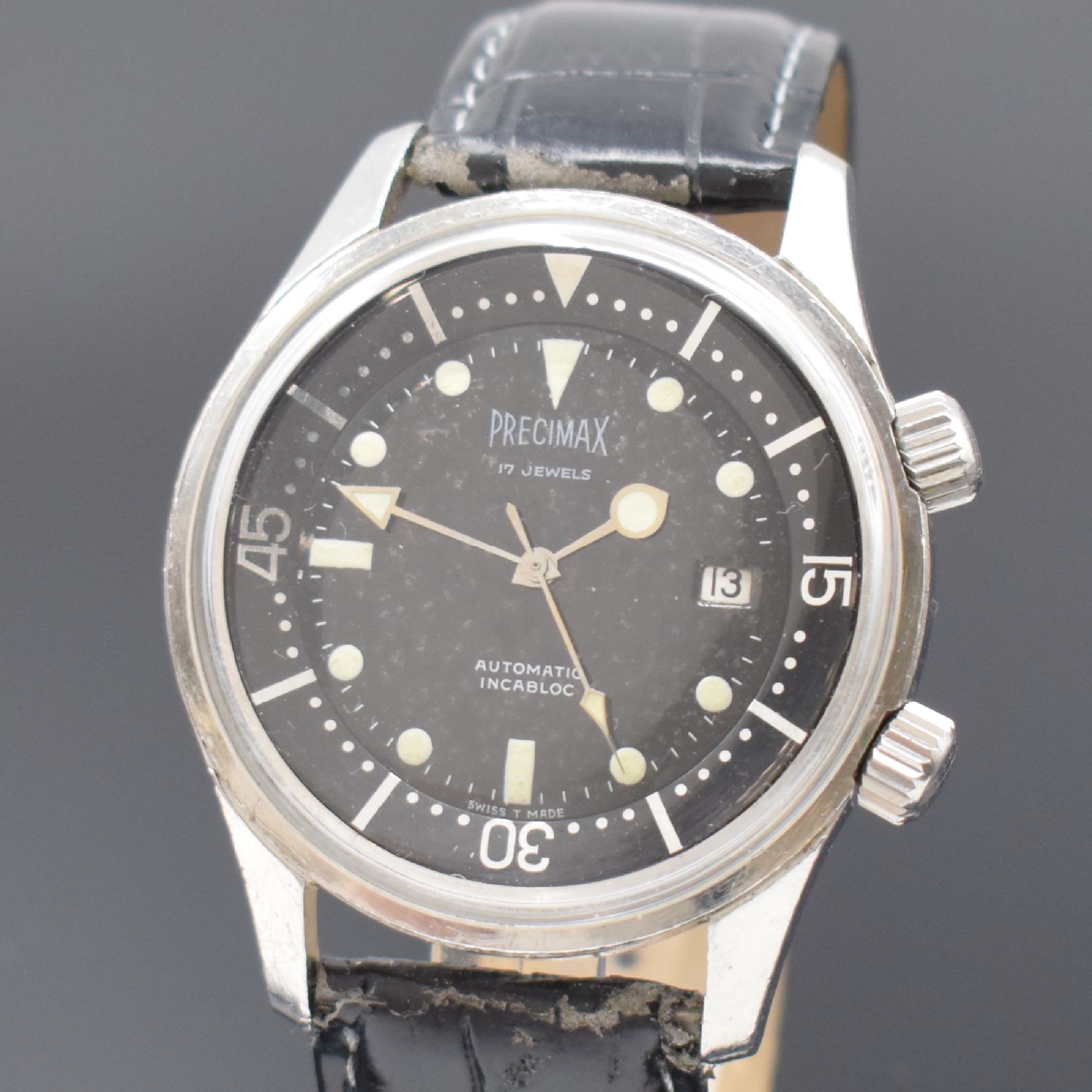 Detail a: PRECIMAX Herrenarmbanduhr in Stahl, Schweiz um 1965, Automatik, geschr. Boden innen sign. Super-Compressor, Patent-Nr. 317537 u. 337462, schwarzes ...