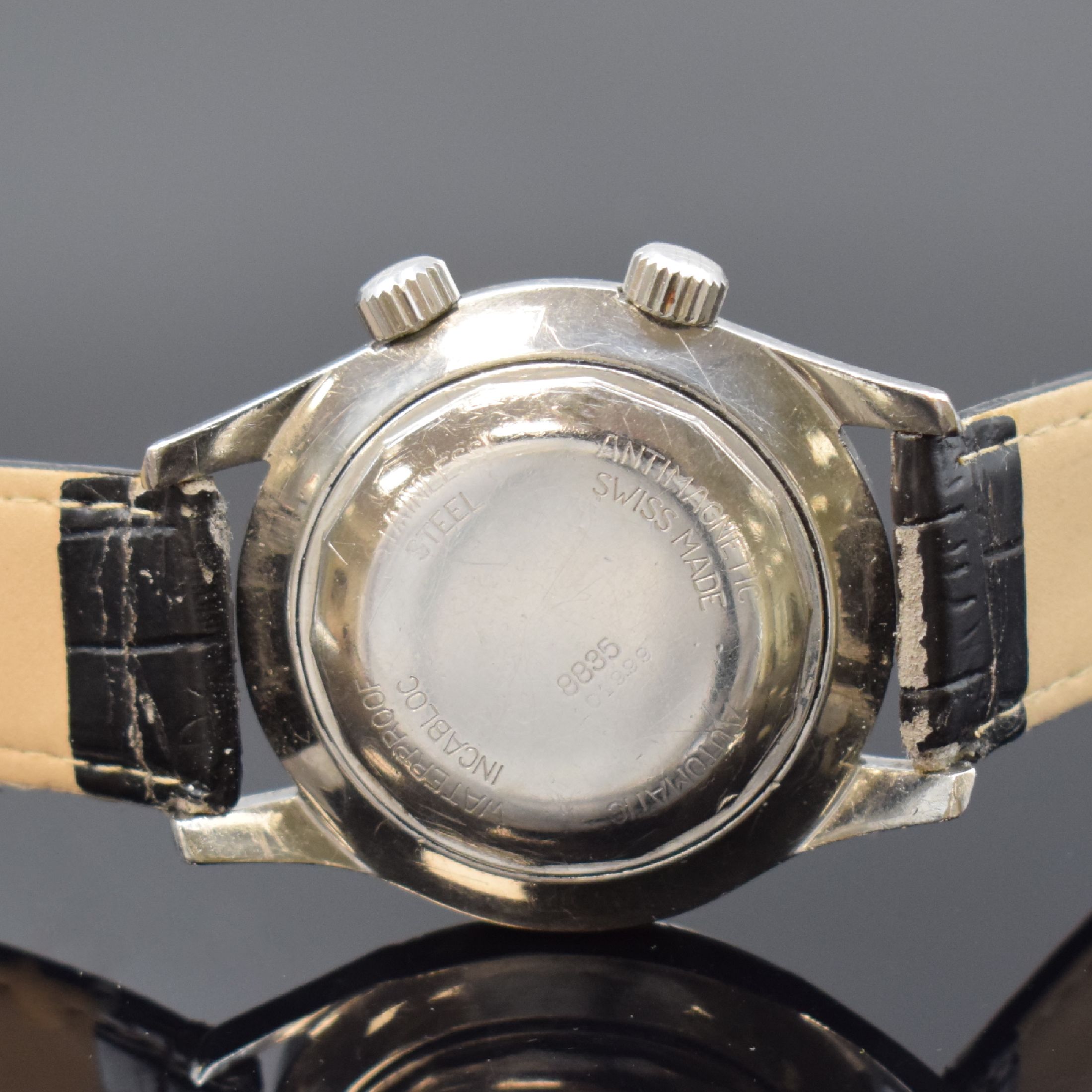 Detail c: PRECIMAX Herrenarmbanduhr in Stahl, Schweiz um 1965, Automatik, geschr. Boden innen sign. Super-Compressor, Patent-Nr. 317537 u. 337462, schwarzes ...