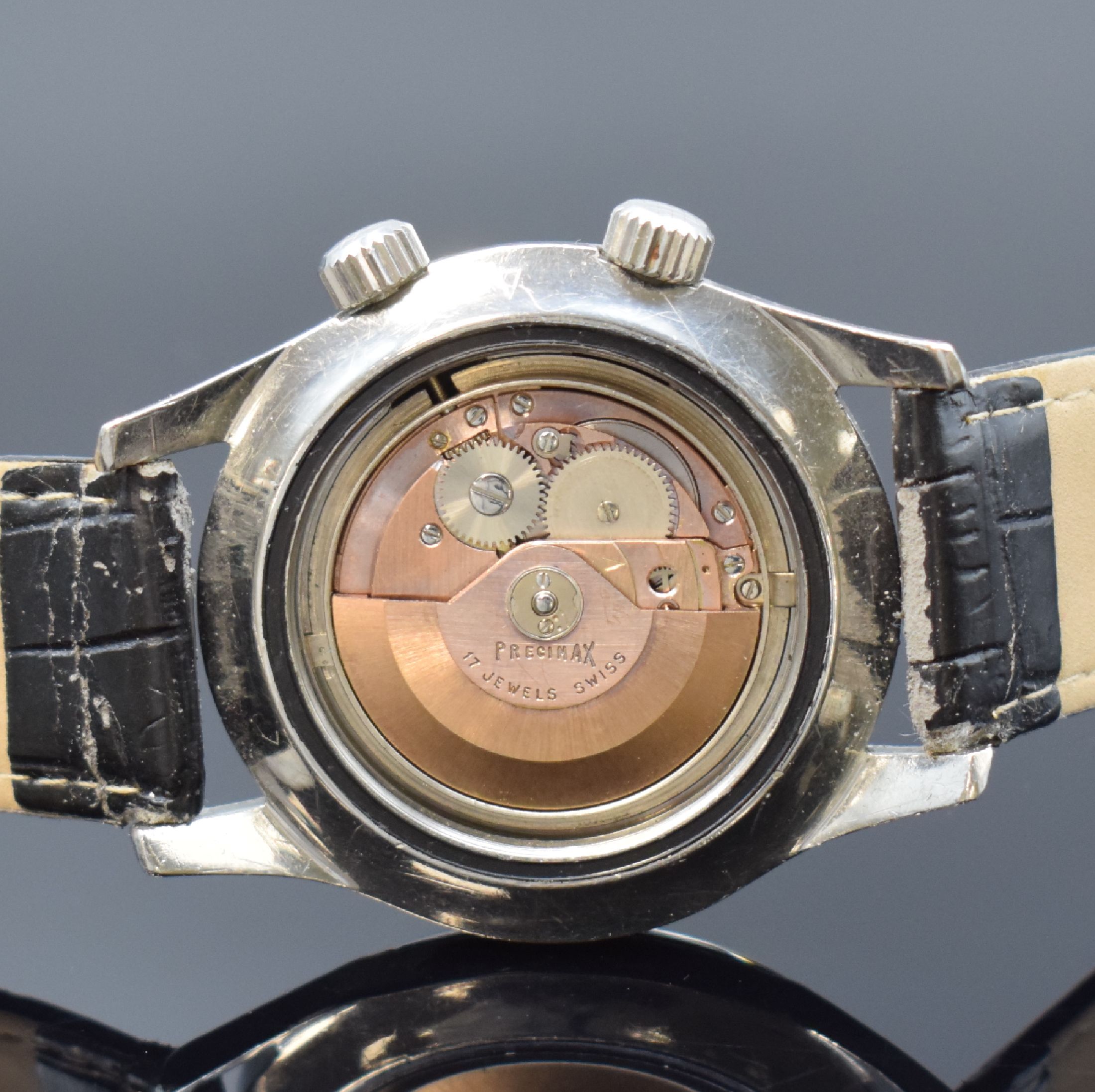 Detail d: PRECIMAX Herrenarmbanduhr in Stahl, Schweiz um 1965, Automatik, geschr. Boden innen sign. Super-Compressor, Patent-Nr. 317537 u. 337462, schwarzes ...